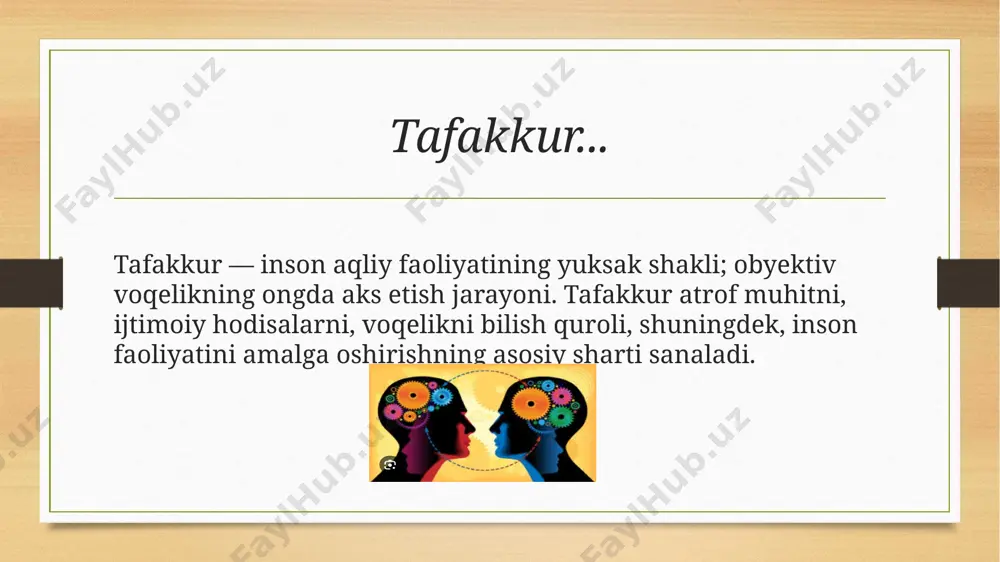 mumkin. bundan tafakkurning muhim belgilaridan biri umumlashtirishdan iboratligi kelib chiqadi. voqelikni umumlashtirgan holda aks ettirish birgina odam va zamondoshlarining emas, balki, o‘tmish avlodlarining ham tajribasini qayta ishlab chiqish natijasidir. tafakkur jarayonida inson amaliy faoliyat, obrazlar va tasavvurlar, modellar, chizmalar, belgilar, til kabi jismli va ijtimoiy olamning ahamiyatli aloqa va munosabatlariga kirib borish maqsadida, insoniyat tomonidan ishlab chiqilgan turli xildagi vositalardan foydalanadi. jamoada tanqidiy qarash, oʻzini oʻzi tanqid, baholash, tekshirish, oʻzini oʻzi tekshirish, nazorat qilish, oʻzini oʻzi nazorat qilish, guruhiy mulohaza yuritishdan iborat tafakkur sifatlari vujudga keladi. insonning inson tomonidan idrok kilinishi ham tafakkur bilan uzviy aloqadadir. ijodiy ishlar, kashfiyotlar, ixtirolar, takliflar tafakkurning mahsuli hisoblanadi. psixologiya tafakkurning filogenetik (insoniyat paydo boʻlishi davri), ontogenetik (kishi umri davomida) bilishga oid tarixiy jihatlarini ham oʻrganadi i. p. pavlov yozishicha; «nutq o’rganlaridan bosh miya po’stiga o’tuvchi mahsus kinestezik qo’zg’alishlar, ikkinchi signallardir, signallarning signalidir. ular voqelikdan, mavhumlashishdan iborat bo’lib, umumlashtirishni taqozo qiladi, binobarin ular bizning ortiqcha …