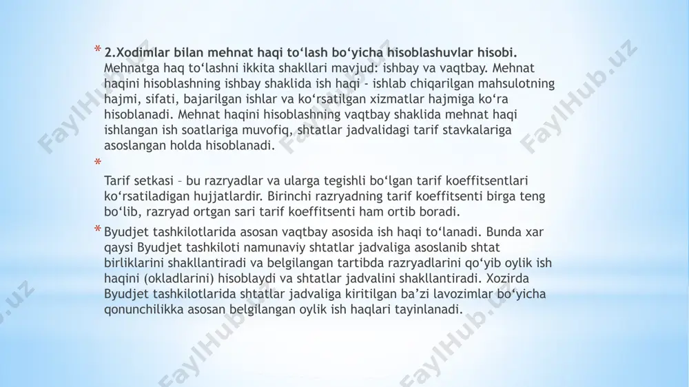 mlarni egallash va davomatni oshirishda talabalarni rag‘batlantirish, mutaxassislarni tayyorlash sifatini yanada oshirish uchun zarur sharoitlar barpo etish maqsadida to‘lanadi. ctipendiyalarni hisoblab yozish va to‘lash hisob-kitob to‘lov qaydnomalarida oyiga bir marta buyruqlar asosida amalga oshiriladi. эътиборингиз учун раҳмат! /docprops/thumbnail.jpeg