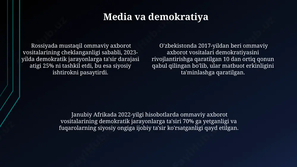 имконият яратади. жанубий корея каби давлатларда интернет ва ижтимоий тармоқлар хавфсизлиги бўйича 5 ёшдан бошлаб мактабларда maxsus dasturlar татбиқ этилмоқда, бу кибержиноятчиликнинг олдини олишга ёрдам беради. 2023 йилда европа иттифоқининг 15 та мамлакатида ijtimoiy tarmoqlar ta'limi bo'yicha onlayn kurslar soni 30% га ошди, бу эса рақамли саводхонликни оширишга хизмат қилмоқда. bolalar va o'smirlar uchun media ta'limi oʻzbekistonda 2022-yilda oʻtkazilgan milliy tadqiqotlar shuni koʻrsatdiki, 10-15 yoshli bolalarning 70% dan ortigʻi internetda tahdidlarga duch kelgan va media savodxonligi boʻyicha yetarli bilimga ega emas. xorazm viloyatida 2023-yilda boshlangan dastur 300 dan ortiq oʻqituvchini media savodxonligi va bolalarni onlayn xavfsizlikka oʻrgatish boʻyicha oʻqitib, ularga zamonaviy pedagogik texnologiyalarni qoʻllashga yordam berdi. toshkent shahridagi 5 ta maktabda amalga oshirilgan loyiha doirasida 100 ga yaqin oʻquvchi media savodxonligi boʻyicha interfaol mashgʻulotlarda qatnashdi va media matnlarini tanqidiy tahlil qilish koʻnikmalarini oshirdi. kelajakdagi istiqbollar va tavsiyalar o'zbekiston kabi rivojlanayotgan mamlakatlarda 2025 yilga qadar media savodxonlik bo'yicha o'quv dasturlarini maktablarning …