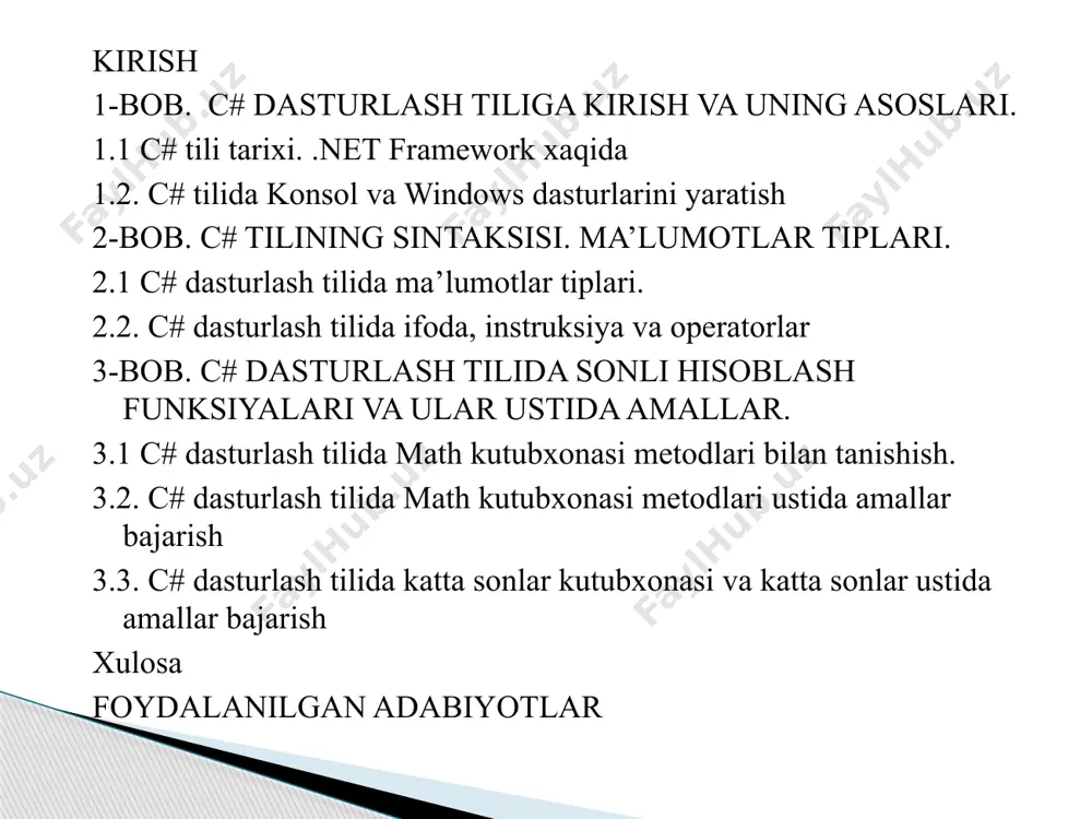 a qadar katta dasturlarni yozish qiyin bo‘lgan, satr kodlari miqdorining oshishi sababli dasturlarning o‘tish joylari chalkash massalariga aylanib ketishiga olib keladi. strukturaviy tillar dastur tuzuvchi instrumentariysiga shartli operatorlarni, lokal o‘zgaradigan tartiblarni va boshqa mukammallashtirishlarni qo‘shib bu muammoni hal qildi. shunday tarzda nisbatan katta dasturlarni yozish imkoniyati vujudga keldi. 1.1 c# tili tarixi. c# ning genealogik tasnifi ushbu rasmda ko‘rsatilgan. c# tili c++ da aniqlagan ob’ektli modelga qurilgan, sintaksisi, ko’plab kalit so‘zlar va operatorlarni u c tilidan meros qilib olgan. agarda siz dasturlashning ushbu tillarini bilsangiz, unda sizga c# ni o‘rganishda muammo kelib chiqmaydi. c++ java c# c xozir biz bu bo‘limda visual studio muhitida windows oynali dasturlar qanday yaratilishini ko‘rib chiqamiz. 1. file|new|project menyu punktlarini tanlash orqali yangi c# loyiha yarating va hosil bo‘lgan oynadan visual c# windows papkasini, undan windows forms application piktogrammasini tanlang. oynaning name qismiga loyiha nomi beriladi, location qismiga loyiha saqlanadigan papkasi (browse… tugmasi orqali) ko‘rsatiladi …