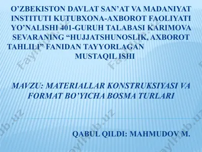 materiallar konstruksiyasi va format bo’yicha bosma turlari — PPTX