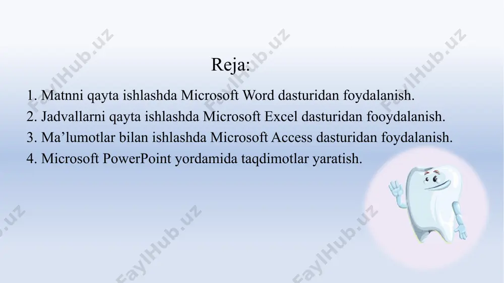 jatlar yaratish va formatlash, ularga jadvallar, rasmlar, turli shakllar va boshqalarni qo’yish mumkin. dasturni ochish va yangi hujjat yaratish ms word bilan ishlashni boshlash uchun dasturni ishga tushirish menyusi yoki ish stolidagi yorliq orqali oching. ochilgach, siz taklif qilingan shablonlardan birini tanlashingiz yoki yangi bo'sh hujjat yaratishingiz mumkin bo'lgan bosh ekranni ko'rasiz. yangi hujjat yaratish uchun "новый документ" tugmasini bosing yoki tegishli shablonni tanlang. matn va paragraflarni formatlash matnni formatlash shrift, oʻlcham, rang, uslub (qalin, kursiv, tagiga chizilgan) va tekislashni oʻzgartirishni oʻz ichiga oladi. ushbu parametrlarni "главная" sahifasida topish mumkin. paragraflarni formatlash uchun tekislash vositalaridan (chap, o'ng, markaz yoki kenglik), qatorlar oralig'i va chekinish sozlamalaridan foydalaning. jadvallar, tasvirlar, giperhavolalar kiritish jadvalni kiritish uchun "вставка" yorlig'iga o'ting va "таблица" ni tanlang, so'ngra sizga kerak bo'lgan qator va ustunlar sonini belgilang. tasvirlarni kiritish uchun "рисунок" ni tanlang va faylga yo'lni belgilang. tegishli matnni tanlash va qo'shish yorlig'idagi “гиперссылка”ni bosish orqali giperhavolalarni qo'shish …
