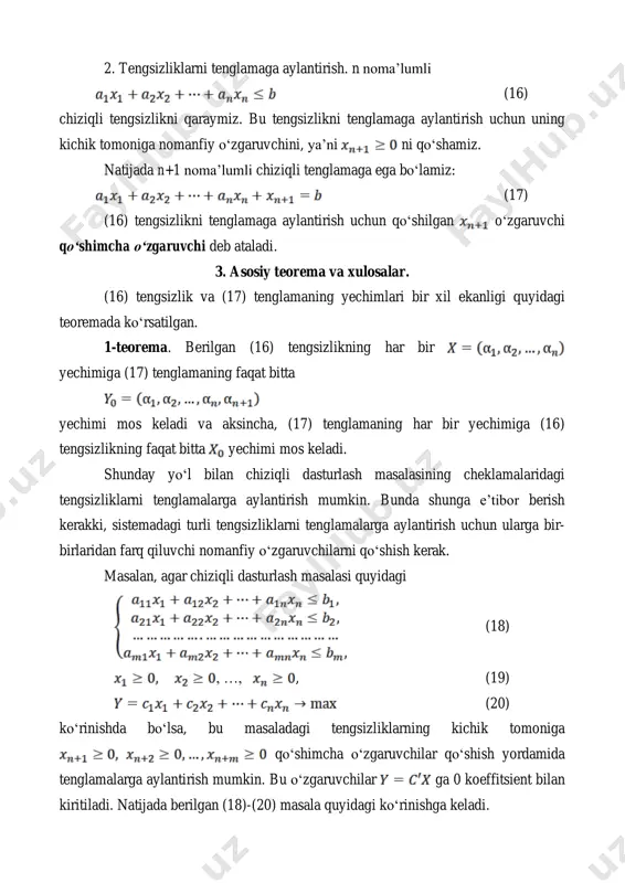 u holda musbat larga mos keluvchi vektorlar o‘zaro chiziqli erkli vektorlar sistemasini tashkil qiladi. yuqorida keltirilgan teoremalardan quyidagi xulosalarni chiqarish mumkin. 1-xulosa. k to‘plamning har bir burchak nuqtasiga vektorlar sistemasidan m ta o‘zaro chiziqli erkli vektorlar sistemasi mos keladi. 2-xulosa. k to‘plamning burchak nuqtasi bo‘lishi uchun musbat koordinatalar yoyilmada o‘zaro chiziqli bog‘liq bo‘lmagan vektorlarning koeffitsientlaridan iborat bo‘lishi zarur va yetarli. 3-xulosa. chiziqli dasturlash masalasi basis yechimlaridan tashkil topgan to‘plam k qavariq to‘plamning burchak nuqtalar to‘plamiga mos keladi va aksincha, har bir basis yechim k to‘plamning biror burchak nuqtasiga mos keladi. 4-xulosa. chiziqli dasturlash masalasining optimal yechimini k to‘plamning burchak nuqtalari orasidan qidirish kerak.