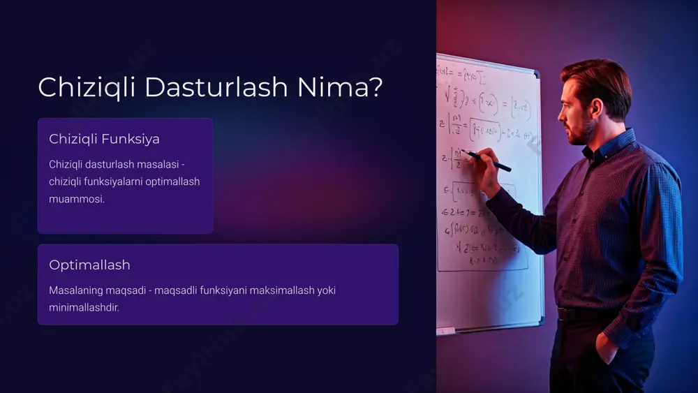 ega bo'lgan model. 3 aralash butun sonli dasturlash ayrim o'zgaruvchilar butun sonli, boshqalari esa butun emas qiymatga ega. 4 ikkilamchi dasturlash ikki yoki undan ortiq maqsadli funksiya bilan ifodalangan model. chiziqli dasturlash algoritmlarini ishlab chiqish simpleks algoritm eng mashhur va samarali chiziqli dasturlash algoritmi. interior-nuqta usuli masalani yechishning alternativ usuli, simpleksga nisbatan tezroq. ellipsoid usuli katta o'lchamli masalalarni yechishda qo'llaniladi. xulosa va muhokama chiziqli dasturlash masalasi - optimallashtirish muammolari orasida eng muhim va keng qo'llanadigan masaladir. u bir qator xo'jalik sohalarida, fizika, texnika, iqtisodiyot va boshqa fanlar sohasida keng qo'llaniladi. chiziqli dasturlash usullari va algoritmlarini puxta o'rganish - dolzarb ilmiy va amaliy ahamiyatga ega. image1.png image2.png image3.png image4.png image5.png image6.png image7.png image8.png image9.png image10.png image11.png image12.png image13.png image14.png image15.png image16.png