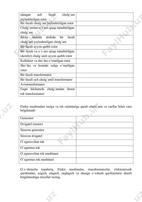 `zgaruvchan tok o`zgarmas tok o`zgaruvchan tok mashinasi o`zgarmas tok mashinasi q`o`shimcha topshiriq. elektr mashinalar, transformatorlar, elektrotexnik qurilmalari, uzgich, ulagich, saqlagich va shunga o`xshash qurilmalarni shartli belgilanishiga misollar tuzing.