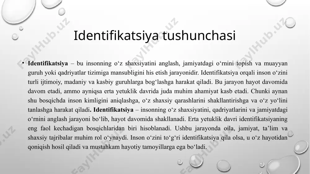 v jarayonida yuzaga keladigan qiyinchiliklarni yengish uchun inson ochiq bo‘lishi, muloqot ko‘nikmalarini rivojlantirishi va o‘z ijtimoiy qo‘llab-quvvatlash tizimini yaratishi lozim. samarali ijtimoiy moslashuv insonning o‘zini jamiyatning ajralmas qismi sifatida his qilishiga va muvaffaqiyatga erishishiga yordam beradi. xulosa psixologik xususiyatlar jihatidan bu bosqichda hissiy o‘zgarishlar, mustaqil qaror qabul qilish, stress va muammolarga moslashish, shaxsiy munosabatlarni shakllantirish kabi jarayonlar kuzatiladi. inson o‘zining ichki dunyosini anglab, hissiyotlarini boshqarish, o‘ziga bo‘lgan ishonchni mustahkamlash va jamiyat bilan uyg‘unlashish orqali psixologik barqarorlikka erishadi. ushbu davrda muvaffaqiyatli rivojlanish uchun inson o‘zini anglash, maqsad sari intilish va stressga chidamlilik kabi ko‘nikmalarni rivojlantirishi lozim. shunday qilib, erta yetuklik davridagi psixologik xususiyatlar insonning kelajakdagi hayot sifati va muvaffaqiyatiga bevosita ta’sir ko‘rsatadi. image2.png image3.png image4.png image5.png image6.png image1.png /docprops/thumbnail.jpeg
