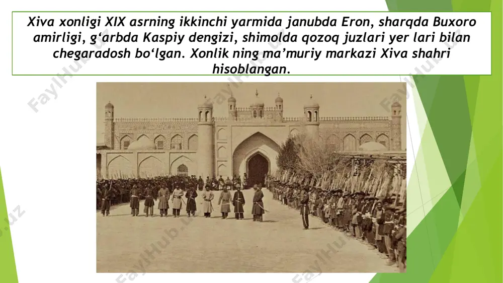 ning har ikkala qirg‘og‘ida va orol dengiziga quyiladigan yerlarda yashagan. 18.06.2023 23 ularning soni o‘sha vaqtda taxminan 100 ming nafardan osh magan. 18.06.2023 24 qoraqalpoqlarga berilgan yerlar xonlik mulki sanalgan, ular bu yerlar uchun soliqlar to‘laganlar. qoraqalpoqlarning ijtimoiy hayoti 18.06.2023 25 qoraqalpoqlar urug‘larga bo‘lingan, ularda yerdan foydalanish jamoa tariqasida kechar edi. urug‘lar sug‘orish kanallari qazilishi uchun mas’ul bo‘lishgan. qoraqalpoqlarning har bir ovul aholisi bitta urug‘ga mansub edi. qoraqalpoqlarni boshqarish qulayroq bo‘lishi uchun muhammad rahimxon i «qoraqalpoq ulusi»ni shakllantirdi, barcha qoraqalpoq jamoalari ana shu ulusga kirgan. 18.06.2023 26 muhammad rahimxon i qoraqalpoq ruhoniylari, eshonlari va aholining nufuzli kishilari xiva xonlarining alohida homiyligida bo‘lgan. qoraqalpoqlar orasida sudlarning ikki turi – qozilar sudi va biylar sudi mavjud edi. 18.06.2023 27 xo’jaligi va mashg’ulotlari 18.06.2023 28 qoraqalpoqlar xix asrning ikkinchi yarmiga kelib o‘troqlashib, dehqonchilik ular hayotida asosiy o‘rinni egallay boshladi. ammo chorvachilik ham yetakchi sohalardan biri bo‘lib qolaverdi. qoraqalpoqlar hayotida baliqchilik va ovchilik ham …