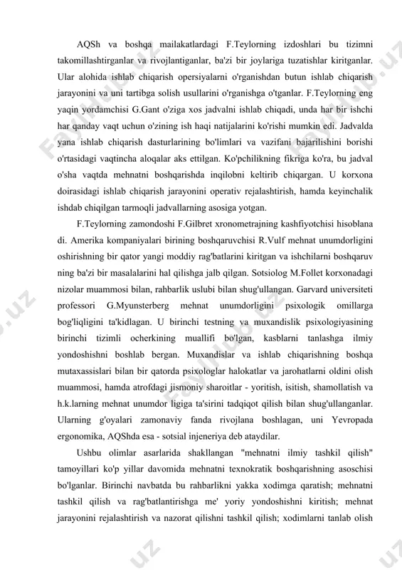 nazorat qilishni tashkil qilish; xodimlarni tanlab olish va tayyorlashni o'tkazish; boshqaruv faoliyatiga mehnat taqsimotini kiritish va ixtisoslashtirilgan xodimlar bo'linmalarini ajratish haqidagi qoidalardir. texnokratik boshqaruv g.ford zavodlarida yuqori darajada rivojlangan. uzluksiz-konveyerli ishlab chiqarishni puxta tashkil qilish, rahbarlikni markazlashtirish va mehnatga ilmiy yondoshish tufayli g.ford va boshqa kompaniyalardagi uning izdoshlari ishlab chiqarish xarajatlarini ancha pasayishi va ishlab chiqishni oshishiga erishganlar. fordizm o'sha vaqtda mehnatni texnokratik boshqarishning o'zining namoyon bo'lishi bo'yicha eng obro'li texnik-iqtisodiy va sotsial jihatlari bilan jipslashib ketgan. 30-40 yilarda tadbirkorlarning e'tiborini e.meyo, f.rotlisberger kabi sanoat psixologlari va sotsiologlarining tavsiyalari o'ziga jalb qilgan. ularning yordam larida korporatsiyalarning xizmatlari, xodimlarni unumdorlikni oshirishga faollash tirish, korxonalardagi sotsial muhitni yaxshilash va mehnatkashlar va ma'muriyat o'rtasidagi nizolarni yumshatishga harakat qilganlar. o'sha davrda sotsial-psixologik usullar mehnatni texnokratik boshqarishning asoslarini o'zgartir maganlar, faqat uning shakli turli tumanroq bo'lgan. ushbu davrda g'arbiy mamlakatlarda yollanma mehnatdan foydalanish sohasiga davlatning ta'siri kuchaygan. asosiy yo'nalishlardan biri - sanoatda bandlikning umumiy tamoyillari …