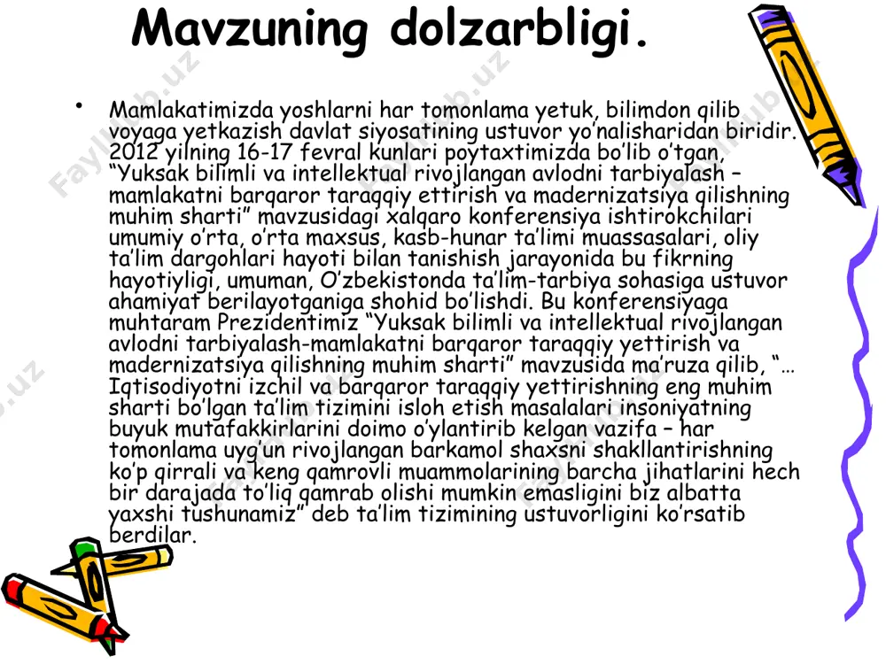 va amaliy ahamiyati: tadqiqot natijasida boshlangich sinflarda matematika o’qitish metodikasidagi matnli masalalar yechish bo’limi yechilgan masala ustida ishlash bo’yicha ayrim nazariy materiallar bilan boyitildi. bu yechilgan masala ustida ishlash usullari boshlang’ich sinflarda masalalar yechish jarayonida qo’llanilishi natijasida o’quvchilarni o’quv-biluv faoliyati oshishi yo’lida qo’llash imkoniyatiga ega bo’ladi. bitiruv malakaviy ishi kirish, ikki bob, olti band, xulosa, foydalanilgan adabiyotlar va ilova qismlaridan iborat bo’lib, matn sahifani tashkil etadi. unda boshlang’ich sinflarda yechilgan masala ustida ishlash metodikasi yoritiladi. pedagogika, psixologiya, metodikaga oid adabiyotlarda masala tushunchasining yoritilishi “masala” atamasi ijtimoiy ishlab chiqarishda, fan sohasida, o’quv tarbiya jarayonida qo’llaniladigan boy, sermazmun kategoriyadir. olimlarning fikrlaridan kelib chiqgan holda uni bir necha yo’nalishlarga bo’lib o’rganamiz. ya’ni, masalani muammoli holat sifatida qarash. berilgan shart asosida sub’ekt faoliyatining maqsadi sifatida qarash. masalaning belgili harakterdagi talqinini qarash. “masala” va “muammoli holat” tushunchasini farqlab, a.m matyushkin shuni ta’kidlaydiki, “masala” atamasini harakatning maqsadini, harakatni bajarish shartlari va bajariladigan harakatlarning ba’zi talablarini o’z …