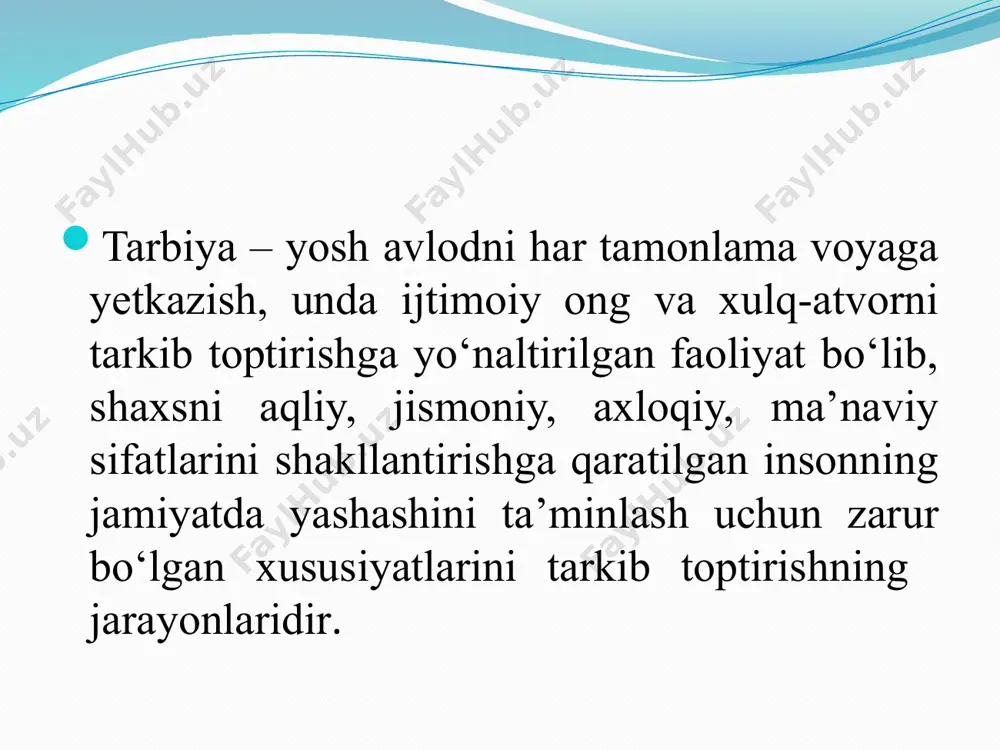 ajribasida sinovdan o‘tgan zamonaviy tarbiya texnologiyalaridan foydalanish konsepsiyaning zamon bilan hamnafasligiga xizmat qiladi. tarbiyaning maqsad va vazifalari tarbiya maqsadi va mazmuni metodlarni to‘g‘ri tanlashga imkon beradi. maqsad qanday bo‘lsa, unga erishish metodlari unga muvofiq bo‘lishi zarur. tarbiyaning mazmuni shaxsning shakllanishiga qo‘yiluvchi ijtimoiy talablar mohiyatidan iborat. unutmaslik kerakki, aynan bitta vazifa turli xil fikrlar bilan to‘ldirilgan bo‘lishi mumkin. shuning uchun metodlarni, umuman, mazmun bilan emas, balki aniq fikr bilan bog‘lash g‘oyat muhimdir. tarbiya jarayonida tarbiyalanuvchilarning yosh xususiyatlarini inobatga olish maqsadga muvofiqdir. yosh xususiyatlari muayyan bir yosh davriga xos bo‘lgan anatomik, fiziologik (jismoniy) va psixologik xususiyatlardir. aytaylik, mas’uliyat tuyg‘usini boshlang‘ich ta'lim, o‘rta ta'lim va o‘rta maxsus, kasb-hunar ta'limi muassasalarida ta'lim olayotgan o‘quvchilarda ham shakllantirish mumkin. biroq har bir bosqichda mazkur sifatni shakllantirish borasida turli metodlar qo‘llaniladi. 3.tarbiyaning maqsad va vazifalari tarbiya muayyan, aniq maqsad hamda ijtimoiy-tarixiy tajriba asosida yosh avlodni har tomonlama ostirish, uning ongi, xulq-atvori va dunyoqarashini tarkib toptirish jarayonidir. insonning …