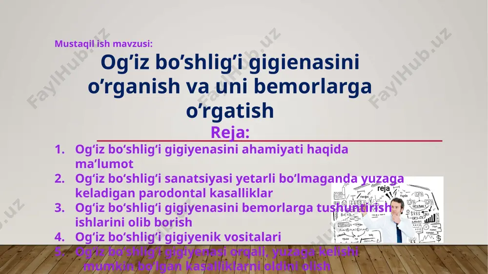 r chiroyli tabassumni taʼminlaydi, bu insonning oʻziga bo’lgan ishonchini yanada oshiradi. 6. bolalar va ularning o‘sish jarayonlaridagi ahamiyati: bolalarda ogʻiz boʻshligʻi gigiyenasiga rioya qilishlari ularning sogʻlom mikroflorasiga, almashinuv prikusdagi anomaliyalarni oldini olishda va yuzaga kelishi mumkin boʻlgan parodontal muammolarini yetarlicha kamaytiradi. tish toshlari shakllanishining asosiy sababi og’iz bo’shlig’ining gigiyenasi yetarli emasligi hisoblanadi. ovqatlanayotganda tishlarda yumshoq blyashka hosil bo’ladi va oziq-ovqat qoldiqlari to’planadi, bu bakteriyalar rivojlanishi uchun sharoit hosil qiladi. bakteriyalar un va shirin ovqatlarda bo’lgan oson hazm bo’ladigan uglevodlarda juda tez koʻpayadi. yumshoq tish blyashkalar chaynash paytida tishlar oziq-ovqatni o’z-o’zidan tozalanmaydigan joylarda eng koʻp to’planadi. vaqt o’tishi bilan tish blyashka mineral komponentlar bilan to’yingan bo’ladi va qattiqlashadi. blyashka har ovqatdan keyin faol shakllana boshlaydi. mikroorganizmlar tish yuzasiga yopishadi va yetarlicha barqaror tish plastinkasini hosil qiladi. bakteriyalar ko’payadi, tish blyashkalari o’sadi va milk choʻntagiga tushadi. vaqt o’tishi bilan blyashka qalinlashadi va sarg’ish rangga ega bo’ladi. cho’kma qattiqlashganda, kislorodning oʻzlashtirilishi to’xtaydi, bu …