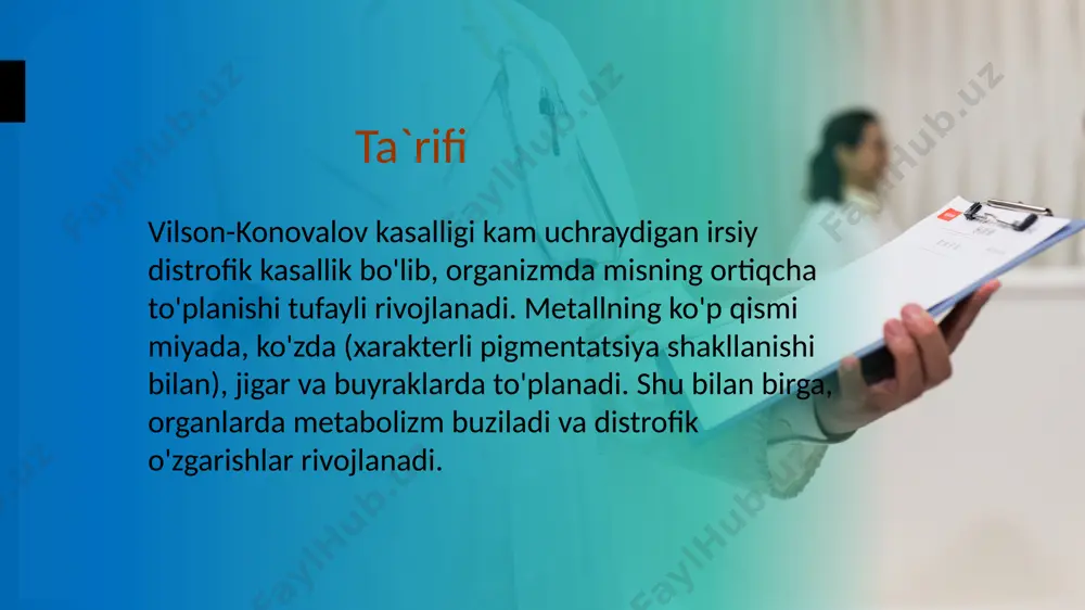 iyada to'plangan mis bu organlarning hujayralarining o'limiga yordam beradi. bu yallig'lanish reaktsiyasini va jigarda biriktiruvchi to'qimalarning ko'payishini keltirib chiqaradi - bu jigar kanallarining fibroziga, keyinchalik esa sirroz rivojlanishiga olib keladi. nerv hujayralarining nobud bo'lishi va ularning miyada erishi (lizis) bo'shliqlar (kistalar) hosil qiladi. boshqa organlar va to'qimalarda esa o'zgarishlar odatda kichikdir. parchalangan hujayralardan mis tashqi omillar ta'sirida (infektsiya, intoksikatsiya, dori vositalariga reaktsiyalar) qonga chiqarilganda, qon plazmasidagi mis konsentratsiyasi bir necha marta oshishi mumkin. bu qizil qon hujayralarining katta tezlikda parchalanishiga olib keladi, bu og'ir, ko'pincha o'limga olib keladigan asoratga – fulminant (lotincha fulmino – chaqmoqdek, bir lahzada rivojlanuvchi) jigar yetishmovchiligiga olib keladi. vilson-konovalov kasalligining turli xil belgilari nafaqat misning to'planishi, balki organizmning o'z hujayralarining parchalanish mahsulotlari bilan zaharlanishi(autointoksikatsiya)dan ham kelib chiqadi.this vilson kasalligida ko'zning shikastlanishi kayzer – fleysher halqalari va mis to`plangan kataraktalarni o'z ichiga oladi. ammo faqat mutaxassis bu alomatlarni to'g'ri talqin qilishi mumkin, chunki ular mis bilan zaharlanishda …