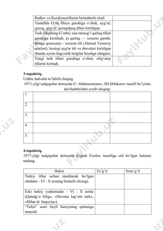 to’g’ri noto’g’ri turkiy tillar uchun mushtarak bo‘lgan obidalar - vi - x asrning birinchi choragi. eski turkiy yodnomalar - vi - x asrlar (qutadg‘u bilig», «devonu lug‘otit turk», «hibat ul- haqoyiq»). “tafsir” asari sayfi saroyining qalamiga mansub. “muhabbatnoma” xv-xiv asrlarga tegishli manbalardan biri. 5-topshiriq. o‘zbek tilining ilk davri va eski o‘zbek tili davriga tegishli savollarga yozma javob bering. 1. qarluq qabilalarining ittifoqi davr? __________________________________________________________________ 1. ushbu davrda qaysi davlat yuzaga keldi? __________________________________________________________________ 1. ilk davr o‘zbek adabiy tili qanday xarakterga ega bo‘lgan? _________________________ _______________________________________________________________________ 1. diniy-afsonaviy va qisman didaktik asarlarlarning yozilishida qaysi adabiy tilning ta’siri ko’proq seziladi? _________________________________________________________ 1. «tafsir», «qissasul-anbiyo» va «o‘g‘uznoma» asarlari qaysi adabiy til doirasida bitilgan? _______________________________________________________________________ 1. arabcha, fors tili elementlari va qadimgi turkiy til birliklarining ustunligi qaysi adabiy til doirasida ko’riladi? 1. fonetik jihatdan bu asarlar d-dialekti asosida yaratilgan. aynan qaysi asar haqida gap ketmoqda? ______________________________________________________________ _______________________________________________________________________ 1. “d” yoki “y” lashish turkiy tillar tarkibida …