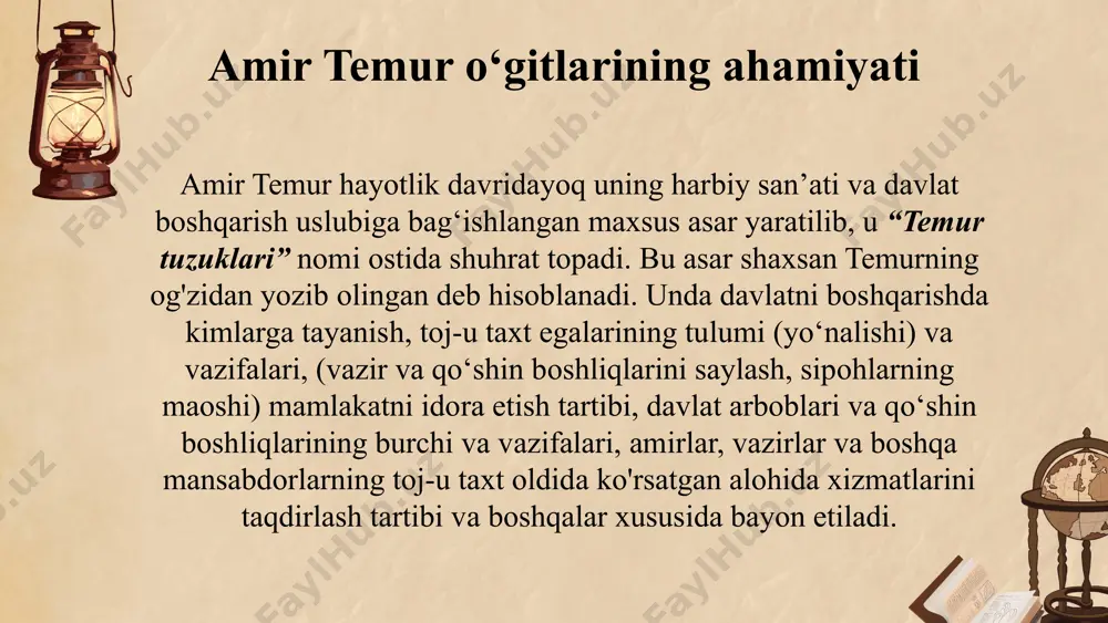 fadagi kishilarga tayanish; - dushman bilan kurashda maslahat, kengash, tadbirkorlik bilan ish ko‘rish, faollik, hushyorlik, ehtiyotkorlik ko‘rsatish, saltanat ishini yurg‘izishda murosay-u madora, muruwat hamda sabr-toqat bilan ish ko‘rish; - davlat ishlarini yurg‘izishda davlat qonun-qoidalariga qat’iy rioya qilish; adolat va insof bilan ish yuritish; - sayyidlar, ulamo, mashoyix, oqil-u donolar, muhandislar, tarixchilami izzat-hurmat qilish; - azm-u jazm bilan ish ko‘rish (aytganiga rioya etish), buzuqchilikning oldini olish; - foqaroning axvolidan ogoh bo‘lib turish; - barchaga hurmat-e’tiborda bo‘lish, yaxshilik, muruwat, ehson, izzatu ikrom, haqqini ado etish; - farzandlar, qarindoshlar, oshnolar va do‘st birodarlami doimo yodda tutib, ular bilan yaqin aloqada bo‘lish; - sipohiylami hurmat etish va ularga g‘amxo‘rlik qilish. amir temur mazkur talablarga rioya etgani tufayli uning saltanati rivoj topdi, fan va madaniyat taraqqiy etdi, davlatining nufuzi oshib, nafaqat sharqda, balki g‘arbda ham mashhur bo‘ldi. bu o‘n ikki qoidaga rioya qilishdan tashqari, amir temur o‘zining hayoti tamoyillari haqida shunday degan: “men o‘z hayotim …