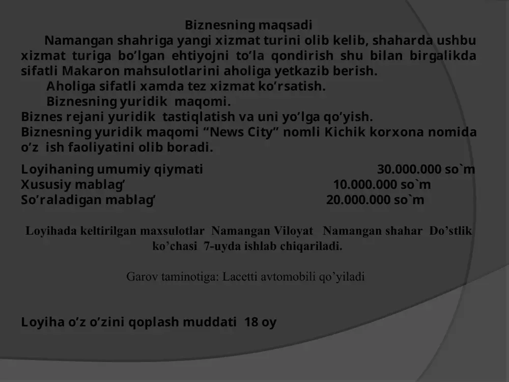 an joyning joylashuvi ishlab chiqarish jarayonini asoslash: а. xom ashyoni olib kelish маxsus transport asosida b. xamir qorish маxsus texnologiya asosida c. maxsulotni tayyor xolga keltirish; маxsus texnologiya asosida d. maxsulotni quritish маxsus texnologiya asosida e. maxsulotni qadoqlash muhandislik inshootlari bilan ta`minlanganligi: transport yo`llari ishlab chiqarish binosi yo’l yoqasida joylashganligi zaruriy kommunal xizmatlar bilan ta`minlanganligi: elektr tarmog`i bilan ta`minlangan suv va oqava suv tarmog`i bilan ta`minlangan 1 kg maxsulot tannarxi o’lchov birligi miqdori narxi (so’m xisobida) 1 dona maxsulotga ketgan xarajat (so’m xisobida) xom ashyo а) un c) suv d) tuxum gr litr dona 525 0,3 0.20 1000 250 300 525 75 65 elektr energiyasi kv 100 kommunal to`lovlar m.3 100 ish xaqi 335 transport xarajatlari 100 jami bir kg maxsulot tannarxi 1300 oy davomida 24 kun ish kuni1 oyda ishlab chiqariladigan maxsulot uchun xom ashyo qiymati jadvali n mahsulot turi summasi miqdori 1-kunlik miqdori 1-oylik bir oylik 1 un …
