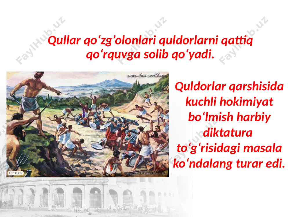 milodiy 14-yilda vafot etdi. uning vorislari bo‘lmish kaligula va neron hukmronligi davrida imperiya inqirozi boshlandi. milodiy 98-yilda trayan rim imperatori taxtini egalladi. trayan zamonida dunay daryosi bo‘ylarida yashovchi daklar bilan urushlar olib borildi. trayan rim imperatori savol va topshiriqlar 1. rimda respublika qulashining asosiy sababini ayting. 2. rimda sezar hokimyati qaror topishi qanday ro‘y berdi? 3. yuliy sezar o’ldirilishini kim va nega uyushtird? 4. yuliy sezar o’ldirilganidan keyin rimda qanday o’zgarishlar bo‘ldi? 5. yakkahokimlik uchun kurashda nega oktavian g’olib chiqdi? image2.jpg image3.jpeg image4.jpeg image5.jpeg image6.jpeg image7.emf image8.jpeg image9.emf image10.emf image11.jpeg image12.emf image13.jpeg image14.jpeg image15.jpeg image1.jpeg