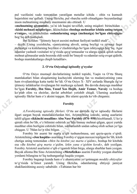 alar, ikkinchi bosqichda, olimning fikricha, ularga hunarmandchilik, savdo, ilm va san’at qo‘shiladi. iqtisodiyotning barcha tarmoqlarining muvaffaqiyatli rivojlanishi xalq boyligini bir necha bor ko‘paytirish, har bir kishining mo‘l-ko‘llikka erishish imkonini beradi. ammo ortiqcha moddiy boylik ishlab chiqarish imkoniyatini beruvchi sivilizatsiyaga o‘tish, olimning ta’kidlashicha, umumiy, ijtimoiy va mulkiy tenglik kelib chiqqanini, jamiyatning tabaqalarga bo‘linishi zarurligi tugaganini bildirmaydi. ibn xoldunning ko‘rsatib berishicha, fuqarolarni hayotiy zarur buyumlar va zeb-ziynat buyumlari bilan yoki uning atamasi bo‘yicha «zarur» va «zarur bo‘lmagan» buyumlar bilan ta’minlash, eng avvalo, shahar aholisining zichligiga bog‘liq. shahar aholisining zichligi uning rivojlangan yoki rivojlanmaganligining ramziy belgisi hisoblangan. shuning uchun agar shahar rivojlangan bo‘lsa, unda «zarur» va «zarur bo‘lmagan» buyumlar yetarli bo‘ladi; bunda: birinchisining bahosi (dehqonchilikda shaharliklar ham ishtirok etganligi tufayli) pasayib boradi, ikkinchining esa (zeb-ziynat buyumlariga talabning keskin o‘sishi sababli) bahosi oshib boradi. aksincha, shahar aholisining kamligi natijasida uning rivojlanmay qolishi barcha moddiy boyliklarning yetishmasligini va qimmatchilikni keltirib chiqaradi. shu bilan birga, mutafakkirning …