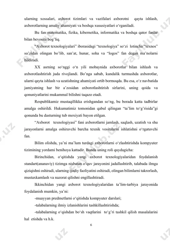axborot texnologiyalaridan ta’lim-tarbiya jarayonida foydalanish mumkin, ya’ni: -muayyan predmetlarni o‘qitishda kompyuter darslari; -talabalarning ilmiy izlanishlarini tashkillashtirishda; -talabalarning o‘qishdan bo‘sh vaqtlarini to‘g’ri tashkil qilish masalalarini hal etishda va h.k. hisoblash texnikasining qisqacha tarixi. hisoblash texnikasining paydo bo'lishiga asosan nimalar turtki bo'lganligini uning tarixiga e'tibor bersak maqsadga muvofiqdir. umuman hisoblash texnika-sining tarixi bir nechta davrni o’z ichiga oladi: o mexanik mashinalargacha bo'lgan davr; o mexanik mashinalar davri; o elektromexanik mashinalar davri; o elektron hisoblash mashinalari davri. inson hisoblay boshlashidagi ilk hisoblash vositasi bo'lib odamlarning barmoqlari hizmat qilgan. mazkur vosita yordamida biror hisoblash nari tursin, balki, ikki yoki undan ortiq raqamli sonlarni qo'shish ham juda qiyin yoki umuman mumkin emas. shuning uchun asta – sekin sun’iy hisoblash vositalari vujudga kela boshladi, ya’ni abak, neper tayoqchalari, rus cho'tlari yaratildi. tarixga bir nazar. tarixiy manbalarga ko’ra insoniyatning hisoblash ishlarida ish unumdorligini oshirish vositasi sifatida hisoblash texnikasi vositalariga bo’lgan ehtiyoji juda oldin paydo bo’lgan. qadimgi xitoy …