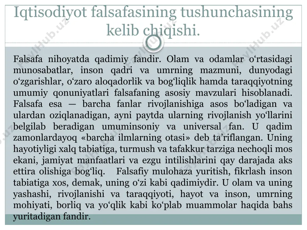 nyo – inson» tizimidagi munosabatlarning rang-barangligi predmetli – amaliy, gnoseologik, akseologik, estetik, axloqiy va boshqa xil munosabatlar bilan belgilanadi. quyidagilar falsafiy bilimning strukturasi hisoblanadi: • ontologiya – mavjudlik, borliq haqidagi bilim; • gnoseologiya (boshqa bir terminologiyaga ko‘ra – epistemologiya) – bilish nazariyasi; • ijtimoiy falsafa – jamiyat haqidagi ta’limot; • etika – axloq haqidagi ta’limot; • aksiologiya – qadriyatlar haqidagi ta’limot; • falsafiy antropologiya – inson haqidagi ta’limot va boshqalar. falsafaning asosiy funksiyalari dunyoqarashni shakllantirish gnoseologik metodologik integrativ madaniy aksiologik axloqiy falsafaning jamiyatdagi ahamiyati - falsfa insoniyat tarixiy taraqqiyoti davomida yaratilgan ma’naviy madaniyatning bir qismi bo‘lib, insonning o‘zi va borliq to‘g‘risidagi bir butun dunyoqarashi tizimidan iboratdir. falsafa inson muammosini o‘zining asosiy o‘rganish mavzusi hisoblab, uning o‘ziga, borliqqa munosabatini falsafaning bosh masalasi deb qaraydi. shu sababli uning asosiy maqsadi ham inson manfaatlariga xizmat qilishdan iboratdir. image3.jpeg image4.jpeg