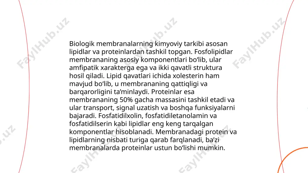 ida amalga oshadi. transport qilinadigan makromolekulalar oqsillar, polisaxaridlar va nuklein kislotalarni o‘z ichiga olishi mumkin. har bir makromolekula turi spetsifik retseptorlar bilan tan olinadi va transport qilinadi. shu jarayonlar hujayraning material almashinuvi va muvozanatini ta’minlaydi. ... t.me/slaydai_bot endositoz va ekzotsitoz hujayra membranasi orqali moddalar transportini ta'minlaydigan jarayonlardir. endositoz jarayonida hujayra tashqi muhitdan moddalarni oʻz ichiga oladi, bu vesikula hosil boʻlishi orqali amalga oshadi. bu jarayonga fagositoz va pinositoz kiradi. fagositozda hujayra qattiq zarralarni, pinositozda esa suyuqlikni oladi. ekzotsitoz esa hujayra ichidagi moddalarni tashqariga chiqarishni taʼminlaydi, bu orqali hujayrada sintez qilingan moddalar (masalan, gormonlar yoki fermentlar) tashqariga chiqariladi. ikkala jarayon ham hujayraning normal hayotiy faoliyati uchun muhim va enzimlar va boshqa biofaol moddalarning transportida asosiy rol oʻynaydi. ... t.me/slaydai_bot protoplazma hujayraning tirik qismi bo‘lib, sitoplazma va yadrodan iborat. u asosan suv, oqsillar, lipidlar, uglevodlar va mineral tuzlardan tashkil topgan. tarkibida 70-90% suv bo‘lib, bu moddalar birikishi va kimyoviy reaktsiyalar uchun muhit …