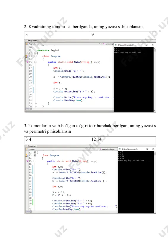 rilgan x1 va x2 nuqtalar orasidagi masofa (x2-x1) hisoblansin. 5 10 5 image1.png image2.png image3.png 3 – amaliy dars . consoleda kiritish - chiqarish. c# dasturlash tilida chiziqli dasturlarni tuzish. consolda kiritish chiqarish. console.writeline(), console.readline(), convert.toint32(). topshiriqlar : 1. kvadratning tomoni a berilgan bo‘lsa, uning perimetri p hisoblansin. 4 16 /docprops/thumbnail.emf 3 – amaliy dars. consoleda kiritish-chiqarish. c# dasturlash tilida chiziqli dasturlarni tuzish. consolda kiritish chiqarish. console.writeline(), console.readline(), convert.toint32(). topshiriqlar: 1. kvadratning tomoni a berilgan bo‘lsa, uning perimetri p hisoblansin. 4 16