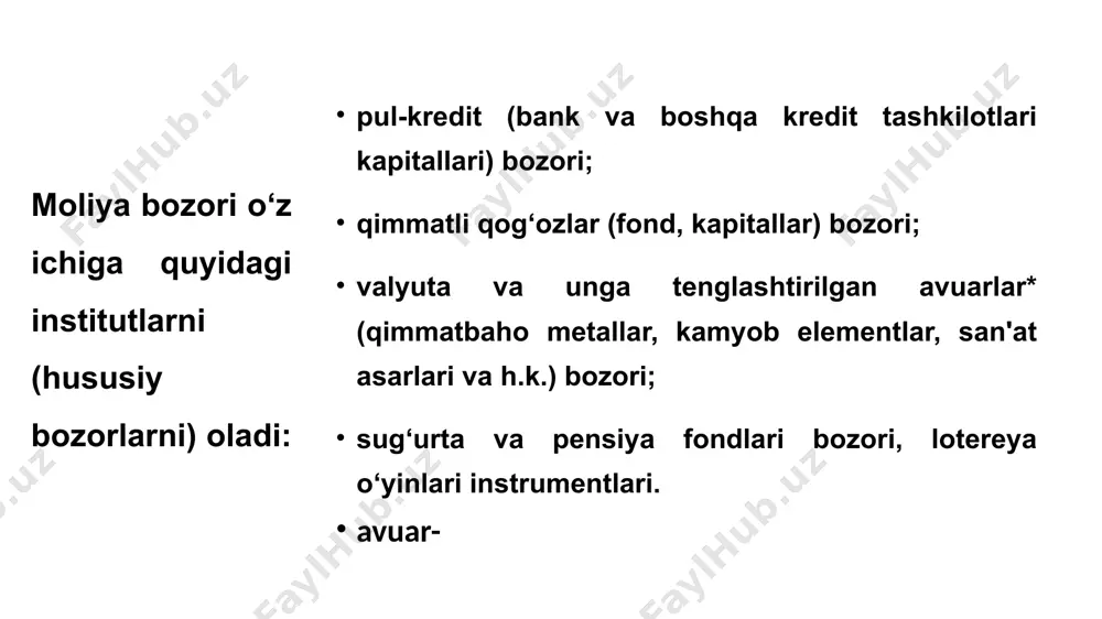 mida baholanishi; inflyatsiya sur'atlari (templari) va valyuta kurslari o‘zgarishiga operativ ta'sir ko‘rsatilishi; davlatning kredit-pul va byudjet-soliq siyosatini ob'yektiv va mutanosiblikda olib borilishi; mulkka egalik xuquqini ishlab chiqarish vositalariga qayta taqsimlanishi; jahon globallashuvi jarayonlariga milliy iqtisodiyotni integrallashuvi. xalqaro moliya tashkilotlari xalqaro moliya sohasida davlatlararo (xalqaro) bitimlar asosida tashkil etilgan institutlardir. jahon iqtisodiy rivoji uchun xalqaro moliya institutlari qaysi funksiyalarni bajaradi? jahon iqtisodiyotining holati, tendensiyalari va rivojlanish omillari tahlili; jahon iqtisodiyotini tartibga solish, xalqaro savdoni qo‘llab-quvvatlash va rag‘batlantirish maqsadida global valyuta va fond bozoridagi operatsiyalar; investision faoliyat (xalqaro va ichki milliy loyihalarga yo‘naltirilgan kreditlar); davlat loyihalarini kreditlash; xalqaro ko‘mak dasturlarini moliyalashtirish; ilmiy tadqiqotlarni moliyalashtirish; xayriya faoliyati. xalqaro valyuta jamg‘armasi 1945 yilda tashkil topgan. xalqaro valyuta tizimining rivojlanishini hamda 189 ta a'zo mamlakatning iqtisodiy va moliyaviy siyosatini qo‘llab-quvvatlaydi. xalqaro valyuta fondi to‘lov balansining joriy yoki potensial qiyinchiliklariga duch kelayotgan a'zo davlatlar xalqaro zaxiralarini tiklashga, milliy valyutalarini barqarorlashtirishga, import uchun to‘lovlarni davom ettirishga va …