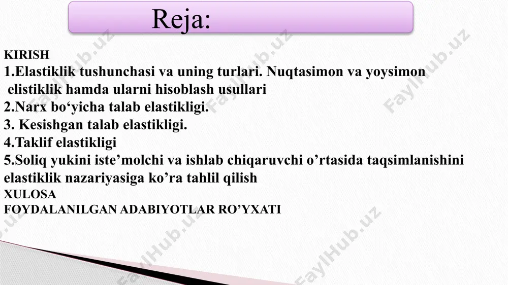siyasi iqtisodiy tahlilning muhim vositasi hisoblanadi, chunki, fanda nafaqat o‘lchash, hisoblash balki, olingan natijani tushuntirish, tahlil qilishni ham bilish kerak. elastiklik yoysimon elistiklik daromadga ko’ra talab elastikligi kesishgan talab elastikligini nuqtasimon elistiklik 2.narx bo‘yicha talab elastikligi. narx bo‘yicha talab elastikligi – narxning bir foizga o‘zgarishi nati­jasida talabning son jihatdan foiz bo‘yicha o‘zgarishi darajasini ko‘rsatadi. bunga eng muhim misollardan biri, narxga bog‘liq bo‘lgan talab elastikligidir. bu elastiklik tovar narxining bir foizga o‘zgarishi, unga bo‘lgan talabning necha foizga o‘zgarishini ko‘rsatadi. 3. kesishgan talab elastikligi. , bu yerda birinchi tovar miqdori; ikkinchi tovar narxi. bitta tovarga bo‘lgan talabga boshqa bir tovarning narxi ta’sir ko‘rsatadi. masalan, pivo bilan vino ma’lum ma’noda bir birini o‘rnini bosadi, agar vinoning narxi oshsa pivoga bo‘lgan talab oshadi. bunday bog‘liqlikdagi talab o‘zgarishiga narxga bog‘liq kesishgan talab elastikligi deyiladi. kesishgan talab elastikligi - bu boshqa tovarlar narxi bir foizga o‘zgarganda, talab qilinadigan tovarga talabning necha foizga o‘zgarishini bildiradi: 9 4.taklifning …