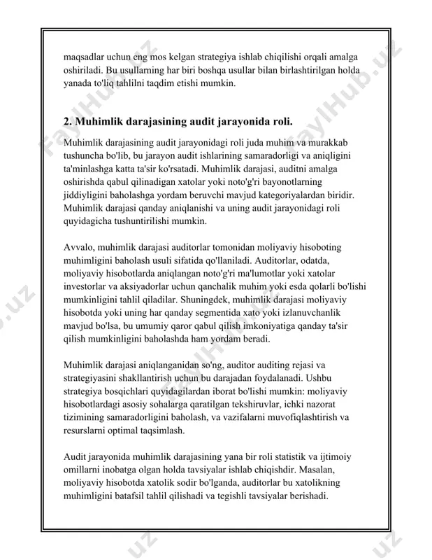 moli bilan bog‘liqdir. audit riski uchta asosiy komponentdan iborat bo‘ladi: 1. **ichki risk (inherent risk):** tashkilot faoliyatining tabiati va uning ichki muhitidagi zaifliklardan kelib chiqadigan xavflyik. bunda auditor tilga olinmagan xatolar paydo bo'lishi ehtimolini baholaydi. 2. **nazorat riski (control risk):** tashkilotning ichki nazorat tizimi xatoni o‘z vaqtida aniqlay olmasligi yoki to‘g‘rilay olmasligi xavfi. bu auditor nazorat choralari qanchalik samarali ekanligini baholashi kerakligini anglatadi. 3. **aniqlash riski (detection risk):** bu auditor tomonidan noto‘g‘ri xulosa chiqarilishi mumkinligini bildiradi, ya'ni risk shundaki auditorlik proseduralari moliyaviy hisobotlardagi jiddiy noto‘g‘ri taqdimlarni aniqlay olmasligi mumkin. ### riskni boshqarish riskni boshqarish jarayoni uch bosqichdan iborat: risklarni aniqlash, qiymatni baholash va boshqarish strategiyasini ishlab chiqish. bu audit jarayonining muhim qismi bo‘lib, quyidagilarni o‘z ichiga oladi: - **risklarni aniqlash va baholash:** auditor potentsial xavflarni aniqlashi va ularni baholashi kerak. bu orqali auditor qaysi sohalar ko‘proq e'tibor talab qilishini aniqlab, o‘z strategiyasini ishlab chiqadi. - **risklarni kamaytirish choralarini ishlab chiqish:** …