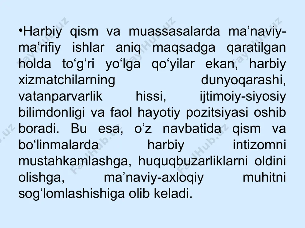 ar tizimining asosini quyidagilar tashkil etadi: - ma’naviy-ma’rifiy tayyorgarlik mashg‘ulotlari; - ma’naviyat soatlari; - tezkor-axborot; - axloqiy-ruhiy tayyorgarlik mashg‘ulotlari; - huquqbuzarliklar profilaktikasi tadbirlari; - jamoaviy tarzda badiiy va hujjatli filmlar namoyishi; - yakka tartibdagi tarbiyaviy ishlar. ma’naviy-ma’rifiy tayyorgarlik mashg‘ulotlari: - mudofaa vazirligi markaziy apparati hamda harbiy okrug va birlashmalarning boshqaruv apparatlaridagi ofitserlar, shuningdek shartnoma bo‘yicha harbiy xizmatchilar tarkibiga mansub serjantlar va oddiy askarlar tarkibi hamda qurolli kuchlar ishchi va xizmatchilari bilan har hafta dushanba kuni soat 9.00 dan 10.00 gacha; - mudofaa vazirligi markaziy apparati hamda harbiy okrug va birlashmalarning boshqaruv apparatlaridagi ofitserlar, shuningdek shartnoma bo‘yicha harbiy xizmatchilar tarkibiga mansub serjantlar va oddiy askarlar tarkibi hamda qurolli kuchlar ishchi va xizmatchilari bilan har hafta dushanba kuni soat 9.00 dan 10.00 gacha; ma’naviy-ma’rifiy tayyorgarlik mashg‘ulotlari: - qo‘shilma, harbiy qism va muassasalardagi ofitserlar, shuningdek shartnoma bo‘yicha harbiy xizmatchilar tarkibiga mansub serjantlar va oddiy askarlar hamda muddatli harbiy xizmatchilar bilan haftada ikki marta …