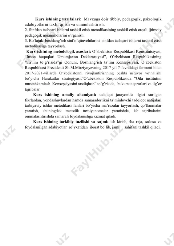 ni anglash, mustaqil fikrlovchi e’tiqodligi va ixtiyorlik. tarbiyaviy ishlarning mazmunida bir butun yondashishdan bosh maqsad, “milliy istiqlol g’oyasi: asosiy tushuncha va tamoiyllari dasturi”dagi g’oyalarni bolalarning ongida o’ziga xos va mos ravishda singdiradi. - xalqimizning boy ma’naviy, anhana, udum, urf-odatlar va ajdodlarimiz merosidan foydalanish. - o’zbekiston respublikasi konstituttsiyasi, adolat, haqiqat va erkinlikni, ishonch-e’tiqodni tarbiyalash. - yurt tinchligi, vatan ravnaqi, xalq farovonligi mohiytini izohlash. - mehrli-muruvvatli va bag’ri kenglik. ayniqsa bog’cha va kichik maktab yoshidagi o’quvchilarning ta’limiy- tarbiyaviy faoliyatlari o’ziga xos xususiyatga ega: o’quvchilarda hayotiy tajribalarning kamligi, o’quv-tarbiya jarayonida hodisalarga qiziqish, «yaxshi», «yomon» harakatlarga chuqur munosabat bildira olmasligi kabilar. boshlang’ich sinf o’quvchilarining dars va darsdan tashqari tarbiyaviy faoliyatini rejalashtirish o’ziga xos qoidalarga egadir: 1. har bir sinf jamoasining tarbiyalangan darajasini o’rganish. 2. o’quvchilarning oilavny hayoti, ota-onaning farzand tarbiyalashdagi burchi va vazifasini qanday his etishi. 3. kundalik o’zgarishlarga o’quvchilarshshg munosabati. 4. o’quvchilarning sharqona milliy urf-odat, anhanalar haqidagi bilim darajasi. 5. qomusiy ma’rifatparvar, mutafakkirlar …