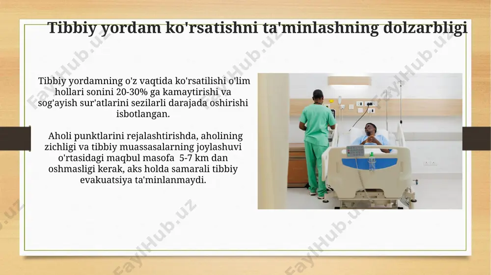 aydi. kelajakdagi rejalashtirish va rivojlantirish aholi sonining o'sishi va tabiiy ofatlar ehtimoli hisobga olingan holda, 10 ta yangi mobil tibbiy punktlarni joylashtirish rejalashtirilgan. tibbiy evakuatsiya jarayonini tezlashtirish maqsadida, 3 ta yangi vertolyot va 15 ta tez yordam mashinasi sotib olish moliyalashtirilmoqda. tibbiy muassasalarni ko'chirish jarayoni tibbiy muassasalarni ko'chirishda bemorlarni xavfsiz va samarali evakuatsiya qilish uchun kamida 2 ta muqobil reja ishlab chiqilishi va sinovdan o'tkazilishi kerak. tibbiy muassasalarni ko'chirish jarayoni 3 bosqichda – rejalashtirish, ko'chirish va yangi joyda faoliyatni tiklash – amalga oshiriladi, bu jarayon kamida 2 hafta vaqt talab qiladi. kommunikatsiya va axborot almashinuvi tibbiyot muassasalarini ko'chirish jarayonida 24/7 ishlaydigan aloqa markazi va 500 dan ortiq mutaxassisning ishtiroki uzluksiz axborot almashinuvini ta'minlaydi. tez tibbiy yordam va evakuatsiya jarayonida 10 dan ortiq tilni qo'llab-quvvatlovchi, real vaqt rejimida ishlaydigan kommunikatsiya tizimi samaradorlikni 30% ga oshiradi. tibbiy muassasalarni ko'chirishning zarurati tibbiy muassasalarni ko'chirish, 50% ga yaqin aholini favqulodda tibbiy yordam bilan ta'minlash …