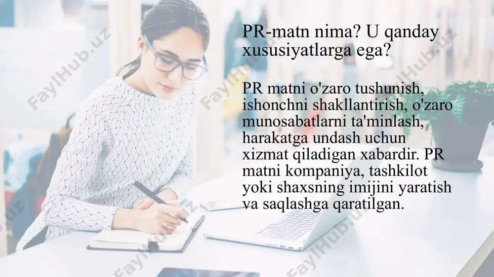 shi mumkin. pr-kopirayter (pr-matnlarni yaratish) ham ushbu sohaga ixtisoslashgan kopirayterlar, ham ommaviy axborot vositalari, reklama va internet saytlari uchun matnlar tayyorlaydigan umumiy maqsadli kopirayterlar tomonidan amalga oshiriladi. biz ikki turdagi pr matnlarini yaratishning o'ziga xos xususiyatlarini ko'rib chiqamiz: - ommaviy axborot vositalari va ma'ruzachilar uchun. (ta'kidlash joizki, an'anaviy ravishda ommaviy axborot vositalari uchun maxsus matnlar va ma'ruzachilar uchun matnlar pr matnlari deb hisoblanadi. - to'g'ridan-to'g'ri maqsadli auditoriya uchun xatlar, shaxsiy tabriklar, takliflar, hisobotlar, bukletlar va boshqalar ko'rinishidagi matnlar odatda biznes kopirayting konteksti. pr matnlarini yozish kopirayterning ishi. ommaviy axborot vositalari uchun pr matnlari odatda media matnlarini, shuningdek, reklama matnlarini yozadigan bir xil kopirayterlar tomonidan yaratiladi. shunga ko'ra, pr kopirayter ishining o'ziga xos xususiyatlari ommaviy axborot vositalarining kopirayterlari va reklama kopirayterlari ishining o'ziga xos xususiyatlari bilan taqqoslanadi. ularning maoshlari ham solishtirish mumkin. faqat nisbatan kichik doiradagi auditoriya uchun tayyorlangan matnlar. nutq mualliflari pr sohasidagi tor mutaxassislar deb hisoblanishi mumkin. shunday qilib, …