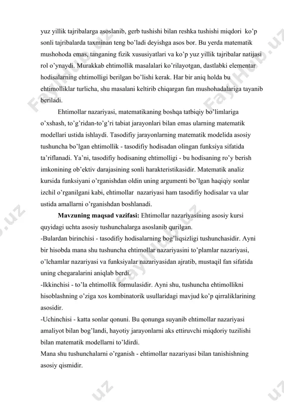 irinchisi - tasodifiy hodisalarning bog’liqsizligi tushunchasidir. ayni bir hisobda mana shu tushuncha еhtimollar nazariyasini tо’plamlar nazariyasi, о’lchamlar nazariyasi va funksiyalar nazariyasidan ajratib, mustaqil fan sifatida uning chegaralarini aniqlab berdi. -ikkinchisi - tо’la еhtimollik formulasidir. ayni shu, tushuncha еhtimollikni hisoblashning о’ziga xos kombinatorik usullaridagi mavjud kо’p qirraliklarining asosidir. -uchinchisi - katta sonlar qonuni. bu qonunga suyanib еhtimollar nazariyasi amaliyot bilan bog’landi, hayotiy jarayonlarni aks еttiruvchi miqdoriy tuzilishi bilan matematik modellarni tо’ldirdi. mana shu tushunchalarni о’rganish - еhtimollar nazariyasi bilan tanishishning asosiy qismidir. 1-§. paskal uchburchagi haqida umumiy ma’lumotlar berilgan ta elementdan tadan gruppalashlar soni uchun bir necha qatorlarni 1- jadvaldagidek yozamiz: 1- jadval gruppalashlar soni () 1 , 2 , , 3 , , , 4 , , , , 5 , , , , , … …………………………………………………………. bu jadvalda gruppalashlar sonining quyidagi xossalarini kuzatish mumkin: · har bir qatorning chetlarida birlar joylashgan (bu tasdiq formula bilan ifodalanadi, ushbu bobning 2- …