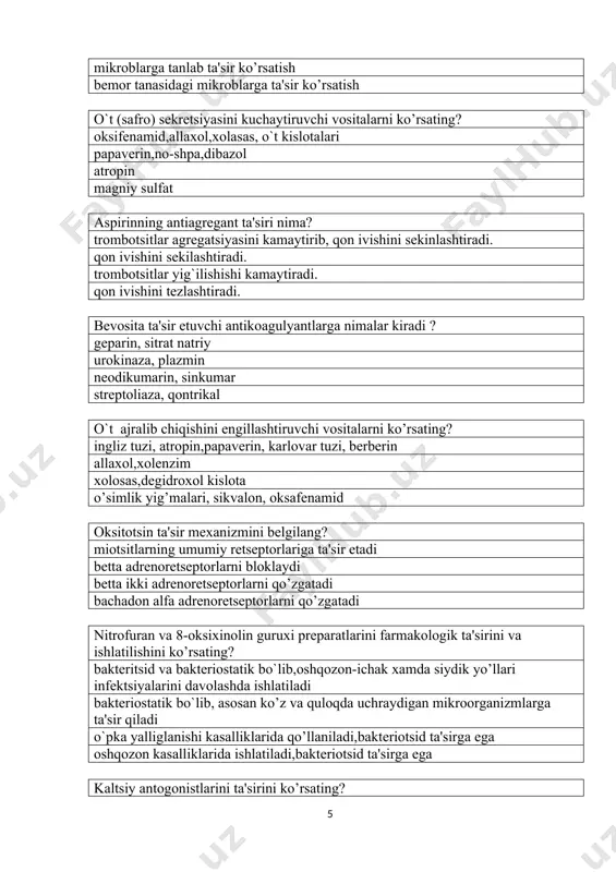 namoyon bo‘lmaydi? musbat xronotrop musbat inotrop manfiy xronotrop manfiy dromotrop musbat inotrop ta’sir deb aytiladi? yurakning qisqarish kuchi va tezligini oshirish yurak qisqarishlar sonini kamaytirish impulslar o‘tkazilishni sekinlashtirish miokard qo‘zg‘aluvchanligini oshirish yurak glikozidining terapevtik ta’siri namoyon bo‘luvchi dozasini ko‘rsating? boshlang‘ich maksimal toksik to‘yintiruvchi digitalisli intoksikatsiyada yurak glikozidining ta’siri nima bilan bog‘liq? ionlashgan kalsiyning qondagi miqdorining kamayishi kaliyning plazmadagi miqdori oshishi natriyning plazmadagi miqdori oshishi aylanayotgan qon miqdorining kamayishi klofelinga bekor qilish sindromi rivojlanganda buyuriladi? adrenoblokatorlar va furosemid arenoblokatorlar va labetalol α va β arenomimetiklar nitrosorbid va atenalol klofelin va bettaadrenoblokatorlarni birvaqtda qo‘llanilganda rivojlanishi mumkin? sinuslibradikardiya sinuslitaxikardiya ekstrasistoliya bo‘lmachalar xilpirashi nifedipinga xos bo‘lmagan nojo‘ya ta’sir? taxikardiya yuz giperemiyasi tremor bradikardiya kaliy saqlovchi diuretiklar? veroshpiron, amilorid,triamteren diakarb,manitol, mochevina furosemid, uregitbumetonid gipotiazid, klopamid, politiazid aldosteronning raqobatli antagonisti? veroshpiron treamteren oksodalin siklometiazid diakarb qabul qilganda siydikning reaksiyasi qanday o‘zgaradi? nordon neytral ishqoriy o‘zgarmaydi surunkali qonaylanishi etishmovchiligi bemor har kuni 80mg dan furosemide qabul qilganda, …