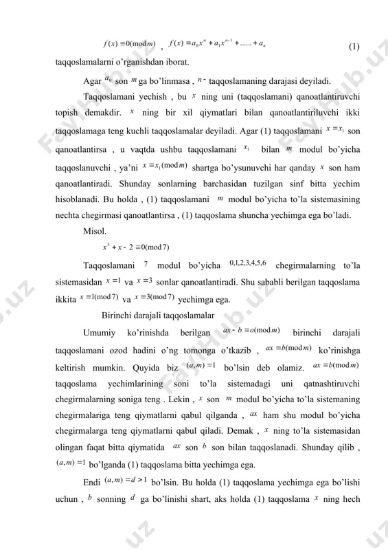 masining tub qiymatiga mos keluvchi xususiy holidir.(1) tenglikni ikkala tomonini ga ko’paytirib taqqoslamani hosil qilamiz . bu taqqoslama istalgan butun sonlar uchun to’g’ridir , chunki u ga bo’linuvchi lar uchun ham o’rinlidir. . bir noma’lumli taqqoslamalar. ushbu mavzuda asosiy maqsadimiz , (1) taqqoslamalarni o’rganishdan iborat. agar son ga bo’linmasa , taqqoslamaning darajasi deyiladi. taqqoslamani yechish , bu ning uni (taqqoslamani) qanoatlantiruvchi topish demakdir. ning bir xil qiymatlari bilan qanoatlantiriluvchi ikki taqqoslamaga teng kuchli taqqoslamalar deyiladi. agar (1) taqqoslamani son qanoatlantirsa , u vaqtda ushbu taqqoslamani bilan modul bo’yicha taqqoslanuvchi , ya’ni shartga bo’ysunuvchi har qanday son ham qanoatlantiradi. shunday sonlarning barchasidan tuzilgan sinf bitta yechim hisoblanadi. bu holda , (1) taqqoslamani modul bo’yicha to’la sistemasining nechta chegirmasi qanoatlantirsa , (1) taqqoslama shuncha yechimga ega bo’ladi. misol. taqqoslamani modul bo’yicha chegirmalarning to’la sistemasidan va sonlar qanoatlantiradi. shu sababli berilgan taqqoslama ikkita va yechimga ega. birinchi darajali taqqoslamalar umumiy ko’rinishda berilgan birinchi …