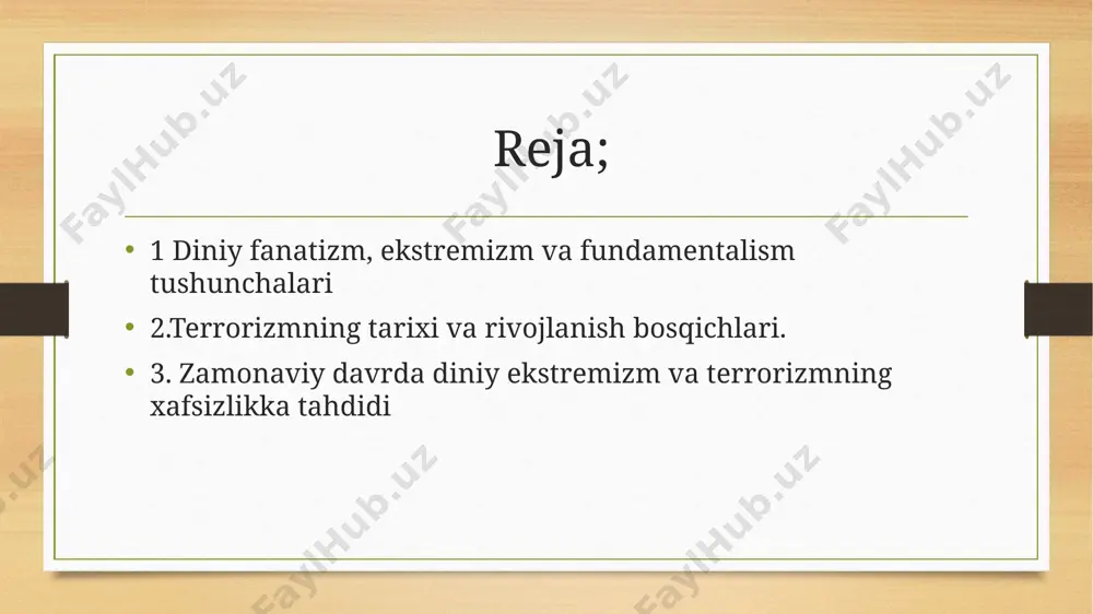 arga va hatto o‘z dinidagi boshqacha qarashlarga toqat qilmaydi; ko‘pincha mutaassib bo‘ladi, ya’ni fikri qat’iy va og‘ir o‘zgaradi. misol: diniy fanatiklar o‘z qarashlarini zo‘rlik yoki tazyiq orqali boshqalarga majburan singdirishga urinadi. ba’zan ular radikal guruhlarga qo‘shilib, terrorchilik harakatlarida ham ishtirok etadi. ekstremizm — bu keskin, murosasiz, radikal fikrlash tarzidir. diniy ekstremizm esa diniy g‘oyalarga asoslanib: hukumatga qarshi chiqish; jamoat xavfsizligini buzish; odamlarni aldov va tashviqot orqali o‘z safiga jalb qilish; portlash, o‘ldirish, qo‘rqitish kabi jinoyatlarni amalga oshirishga olib keladi. misol: ayrim diniy guruhlar bolalarni dunyoviy maktabga yubormaslik, zamonaviy tibbiyotdan foydalanmaslik kabi g‘oyalarni ilgari suradi. ularning o‘zaro farqi va o‘xshashliklari: nima uchun bu tushunchalar xavfli? yoshlar ongini zaharlaydi; diniy bag‘rikenglik yo‘qoladi; zamonaviy davrda diniy ekstremizm va terrorizmning xavfsizlikka tahdidi global miqyosda tahdid bugungi kunda diniy ekstremizm va terrorizm faqat biror davlat yoki mintaqa doirasida qolib ketmayapti. bu global muammoga aylangan. terroristik tashkilotlar: turli davlatlarda xurujlar uyushtirib, tinch aholi orasida vahima tarqatmoqda; …