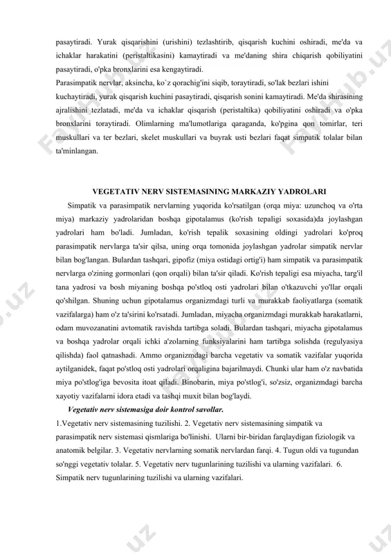 impatik qism parasimpatik nervlar bosh miyaning o'rta va uzunchoq miya bo'lagidan va orqa miyaning dumg'aza qismidan chiqadi. parasimpatik tugun oldi (preganglionar) nervlar ko`zni harakatlantiruvchi nervlar (iii juft), yuz nervi (vii juft), til-yutqin nerv (ix juft) lari tarkibida tarqaladi. jumladan, ko`zni harakatlantiruvchi nerv tolalari tarkibidagi parasimpatik preganglionar tolalar ko`z soqqasining orqasida joylashgan kiprik tuguniga borib tugaydi. tugundan chiqqan postganglionar tolalar kiprik muskullari va ko`z qorachig'ini toraytiruvchi muskullarga boradi. ko`z qorachig'ini toraytiradi va kiprik muskullari orqali ko`zni moslashtiradi (akkomodasiya). yuz nervi tarkibida boruvchi preganglionar parasimpatik tolalar a'zolarga yaqin joylashgan tugunlarga boradi. ulardan chiqqan postganglionar tolalar esa ko`z yoshi beziga, pastki jag' osti, til osti bezlariga, burun va og'iz bo'shlig'ida joylashgan mayda bezlarga borib tarqaladi. til-yutqin nervi tarkibidagi preganglionar parasimpatik tolalar quloq oldi tugunida tugaydi, u erdan boshlangan postganglionar tolalar quloq oldi beziga tarqaladi. parasimpatik nervlar bezlarning sekret chiqarishini tezlashtiradi. adashgan nerv tarkibidagi preganglionar parasimpatik tolalar juda ko'p a'zolarga (o'pka, yurak, qizilo'ngach, me'da, …