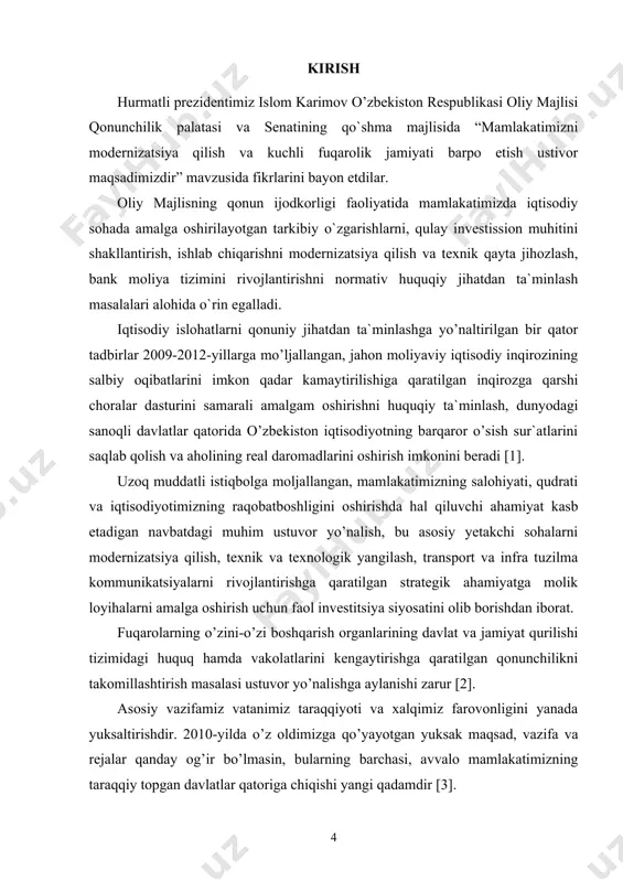dasturini samarali amalgam oshirishni huquqiy ta`minlash, dunyodagi sanoqli davlatlar qatorida o’zbekiston iqtisodiyotning barqaror o’sish sur`atlarini saqlab qolish va aholining real daromadlarini oshirish imkonini beradi [1]. uzoq muddatli istiqbolga moljallangan, mamlakatimizning salohiyati, qudrati va iqtisodiyotimizning raqobatboshligini oshirishda hal qiluvchi ahamiyat kasb etadigan navbatdagi muhim ustuvor yo’nalish, bu asosiy yetakchi sohalarni modernizatsiya qilish, texnik va texnologik yangilash, transport va infra tuzilma kommunikatsiyalarni rivojlantirishga qaratilgan strategik ahamiyatga molik loyihalarni amalga oshirish uchun faol investitsiya siyosatini olib borishdan iborat. fuqarolarning o’zini-o’zi boshqarish organlarining davlat va jamiyat qurilishi tizimidagi huquq hamda vakolatlarini kengaytirishga qaratilgan qonunchilikni takomillashtirish masalasi ustuvor yo’nalishga aylanishi zarur [2]. asosiy vazifamiz vatanimiz taraqqiyoti va xalqimiz farovonligini yanada yuksaltirishdir. 2010-yilda o’z oldimizga qo’yayotgan yuksak maqsad, vazifa va rejalar qanday og’ir bo’lmasin, bularning barchasi, avvalo mamlakatimizning taraqqiy topgan davlatlar qatoriga chiqishi yangi qadamdir [3]. mavzuning dolzarbligi. biologik faol bo’lgan birikmalar tarkibiga biometallarni kiritilishi, ularni nafaqat zararli tomonlarini kamaytiribgina qolmay, balki ko’pgina hollarda biologik faolligini …