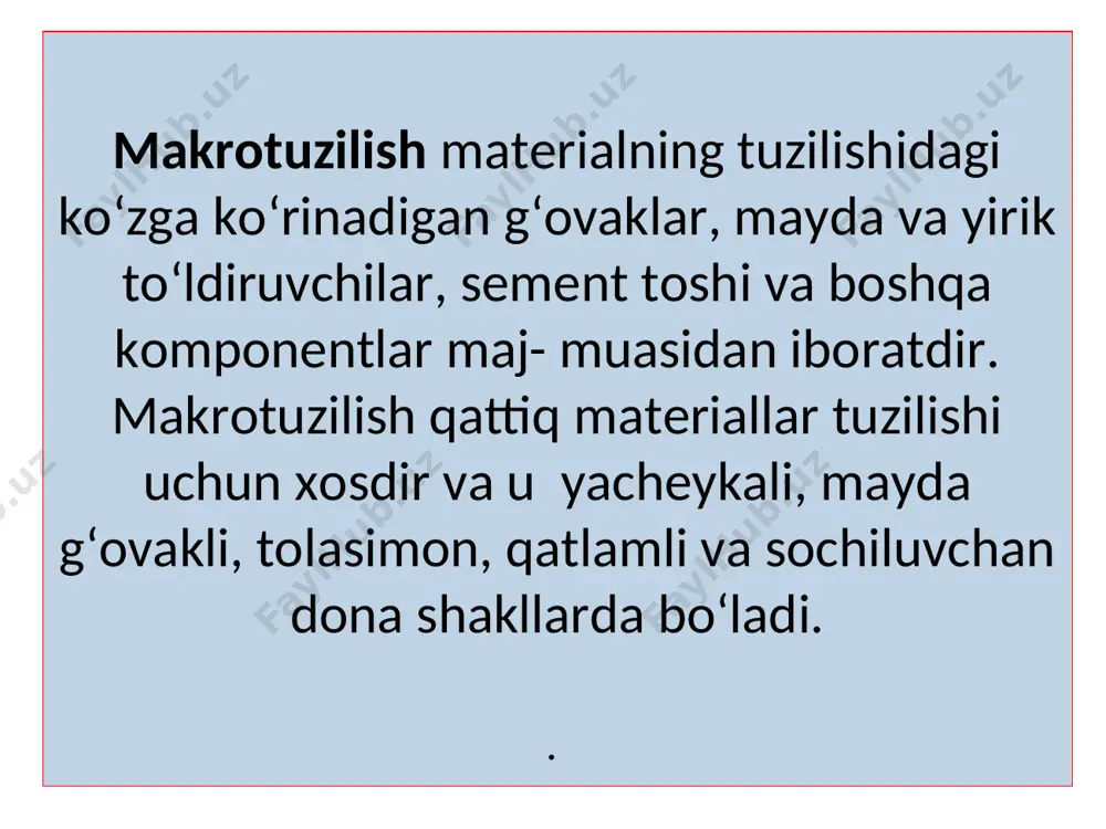 f150, f200, f300, f400 va undan yuqori markalarga bo‘linadi. bug‘ va gaz o‘tkazuvchanlik materialning o‘z qatlami orqali bosim ostida suv bug‘i yoki gaz (havo) o‘tkazish xossasidir. tutash g‘ovaklari mavjud bo‘lgan barcha g‘ovakli materiallar bug‘ yoki gaz o‘tkazish xususiyatiga egadir. .