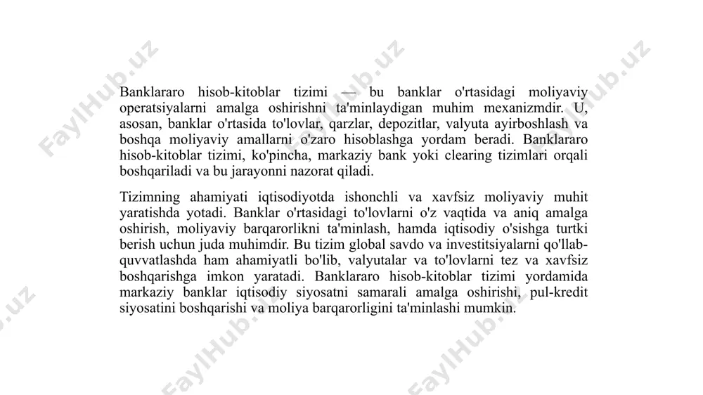 nklar o'rtasidagi moliyaviy aloqalarni tartibga solish va samarali ishlashini ta'minlash uchun zarur. bu asoslar, bir tomondan, yuridik huquqlar va majburiyatlar, ikkinchi tomondan, moliyaviy jarayonlar va risklarni boshqarishni o'z ichiga oladi. huquqiy asoslar banklararo hisob-kitoblar tizimining muvofiq va adolatli ishlashini ta'minlash uchun ishlatiladi. banklararo operatsiyalarni amalga oshirishda har bir mamlakat o'zining qonunlari va reglamentlariga amal qiladi. bu qonunlar banklar o'rtasidagi to'lovlarning tartibini, o'zaro shartnomalarni va tizimlar orasidagi ma'lumot almashinuvini tartibga soladi. shuningdek, banklarning moliyaviy faoliyatini nazorat qilishda moliyaviy regulyatorlar, markaziy banklar va xalqaro moliyaviy tashkilotlar muhim rol o'ynaydi. xalqaro savdolar va global moliya bozorlari ham o'zaro huquqiy kelishuvlar va shartnomalar orqali amalga oshiriladi. 4. banklararo hisob-kitoblar va ularning monitoringi. banklararo hisob-kitoblar va ularning monitoringi banklar va moliyaviy institutlar o'rtasidagi moliyaviy operatsiyalarni samarali va xavfsiz amalga oshirishda muhim rol o'ynaydi. bu jarayon, bir tomondan, hisob-kitoblarning to'g'riligini va xavfsizligini ta'minlash, ikkinchi tomondan, banklarning moliyaviy barqarorligini nazorat qilishni o'z ichiga oladi. banklararo hisob-kitoblar tizimi, …