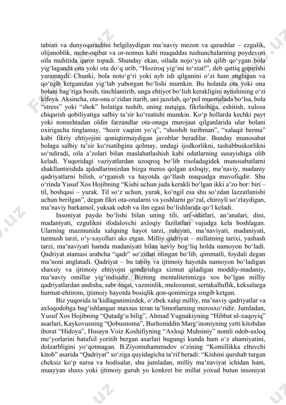 b, dunyo miqyosida o‘z tengdoshlariga hech qaysi sohada bo‘sh kelmaydigan insonlar bo‘lib kamol topishi, baxtli bo‘lishi uchun davlatimiz va jamiyatimizning bor kuch va imkoniyatlarini safarbar etamiz”, – degan fikrlari yosh avlodni milliy qadriyatlar asosida yetuk, barkamol etib tarbiyalashda barchamizga kuch-g‘ayrat bag‘ishlamoqda. safo ochil o‘zining “mustaqillik va tarbiya masalalari” nomli risolasida “milliy qadriyatlar ota-bobolardan bizgacha yetib kelgan udumlar: ramazon hayiti, qurbon hayiti, navro‘z, urug‘-don ekish va hosil bayramlari, beshik to‘yi, sunnat to‘yi, o‘g‘il uylantirish va qiz chiqarish bilan bog‘liq to‘ylar, uy-joy to‘yi, qazo bilan bog‘liq turli maʼraka-marosimlar, shuningdek, xalqning har xil anʼanalari – hashar, ota-onalarga hurmat, yoshlarga izzat, qariyalarga muruvvat, milliy odob-axloq meʼyorlariga amal qilish, ilm olish, oila mustahkamligiga erishish, ustozlar qadriga yetish, vafot etganlar qabrini ziyorat etish, xalqqa muhabbat, vatanni sevish va ardoqlash, askarlikka o‘z ixtiyori bilan borish, baynalmilalchi bo‘lish, muloyim va shirinsuxanlik va shu kabilarni o‘z ichiga qamrab oladi”. milliy qadriyatlarning asosi bo‘lgan maʼnaviyat va madaniyat deganda, inson xulq-atvorining …
