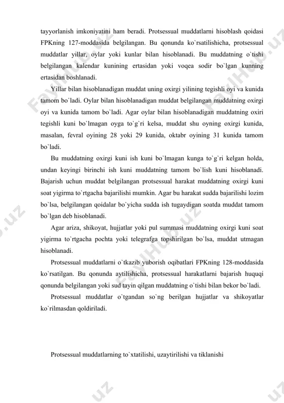 rilishi va tiklanishi protsessual muddatlarning o`tishi, ishning yuritilishi, to`xtatilishi (fpkning 92-96-moddalari) yoki ijro harakatlarining to`xtatilishi bilan bog`liqdir. yuritilayotgan ishning to`xtatilishi bilan hanuz utmagan hamma protsessual muddatlarning o`tishi ham to`xtatiladi. bu holda muddat to`xtatilishining boshlang`ich payti fuqarolik ishining to`xtatilishi to`g`risidagi ajrimning chiqarilishi yoki kuchga kirishi vaqti bo`lmasdan, balki ishning to`xtatilishi uchun asos bo`lgan holatlarning vujudga kelishi fakti hisoblanadi. fuqarolik ishining yuritilishi qaytadan boshlangan kundan e`tiboran protsessual muddatlarning o`tishi davom etadi. ishda ishtirok etuvchi shaxslar qonunda belgilangan muddatni sud uzrli deb topgan sabablar bilan o`tkazib yuborgan bo`lsalar, bu muddat tiklab berilishi mumkin. muddatning o`tkazilishi sababi ishning konkret holatlariga qarab, sud tomonidan uzrli deb topilishi mumkin. chunonchi, da`vogar yoki javobgar uchun og`ir holatlarning yuz berishi (bemor bo`lishi, yaqin kishilarning o`limi yoki kasal bo`lishi va shu kabi holatlar) sud tomonidan uzrli sabablar deb topiladi. shuningdek xizmat safarida bo`lishi ham muddatning o`tkazilishida uzrli sabab deb topilishi mumkin. sud bunday hollarda ishda ishtirok etuvchi shaxslarning o`tkazilgan …