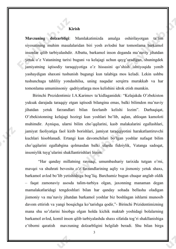 o’lmish yosh avlodning bilim olish, yuqori malakali kadr bo’lib o’z xalqi va yurtiga sidqidildan hizmat qilish, ozod yurt ravnaqi va baxt saodati uchun halol mehnat qilishga o’rgatishni nazarda tutadi. bu o’rinda o’sib kelayotgan yosh avlodni ruhiyati qonunyatlarini o’rganuvchi yosh davrlar va pedagogik psixologiya fanining o’rni va ro’li benihoya kattadir. yosh avlodni yangicha ta’lim standartlari asosida, jahon talablariga javob beruvchi mutahassislar qilib tarbiyalash uzluksiz ta’limning bir bo’g’ini bo’lgan maktabda tahsil olayotgan yoshlar maktab ta’limi va tarbiyasining o’rnini nixoyatda oshiradi. bu ish esa o’zidan tashqari, atrofdagilar bilan bo’ladigan munosabatlarda eng ilg’or va vatan taraqqiyotiga hizmat qiluvchi fikrlarni omma ongiga singdirish kabi muhim vazifani bajarishga hizmat qiladi. “avvalambor, yoshlarimizning iymon-e’tiqodini mustahkamlash, irodasini baquvvat qilish, ularni o’z mustaqil fikriga ega bo’lgan barkamol shaхslar etib tarbiyalash, maktab ta’lim – tarbiya ishlarining samarasini tashkil etadi,“ deb yuqori ishonch bilan aytishimiz mumkin. inson psixologiyasini bilish, o’z taraqqiyoti va iqtidorini tashkil etishni bilish, har qanday yosh davrida ham …