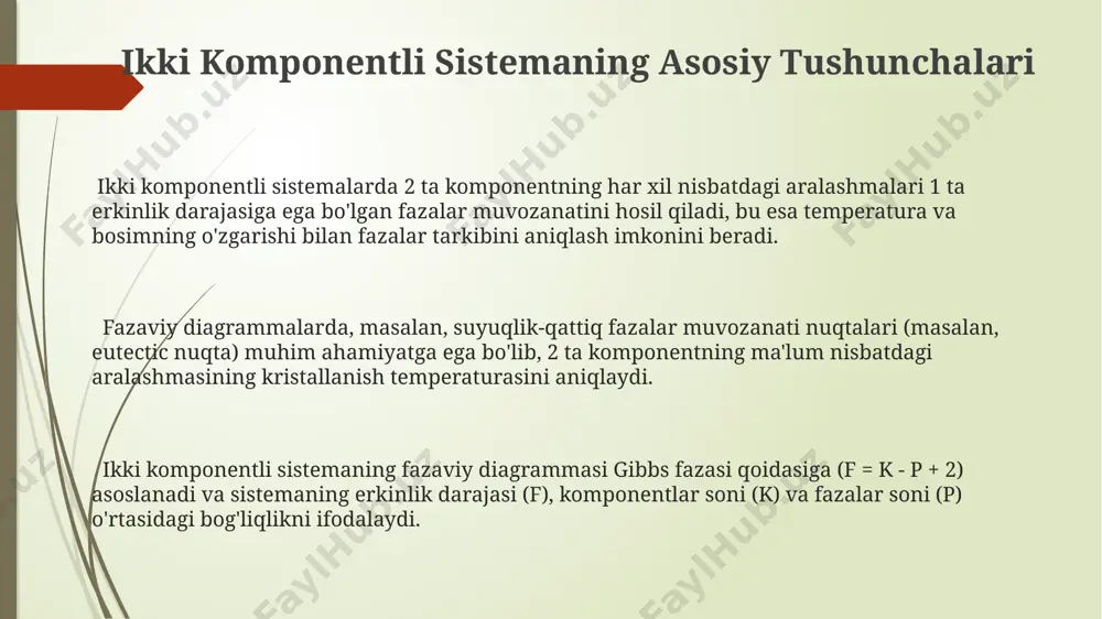 erkinlik darajasi 0 bo'lganda (f=0), sistemaning holati aniq belgilanib, invariant nuqta hosil bo'ladi, masalan, eutektik nuqta. fazaviy qoidalar, masalan, gibbs qoidasi (f = c - p + 2), ikki komponentli sistemalarda erkinlik darajasini (f) aniqlashda komponentlar soni (c=2) va faza soni (p) ni hisobga oladi. bir fazali sohada erkinlik darajasi 2 ga (f=2) teng bo'lib, temperatura va bosimni mustaqil ravishda o'zgartirish mumkin. bir komponentli sistemalarga kirish bir komponentli sistemaning faza diagrammasi, moddaning faqat bitta komponenti mavjud bo'lganda, temperatura va bosim o'zgarishiga qarab, 1-komponentli moddaning uchta asosiy holatini (qattiq, suyuq, gaz) ifodalaydi. triple nuqta deb ataluvchi o'ziga xos nuqta, bir komponentli sistemaning faza diagrammasida uchta faza (qattiq, suyuq va gaz) bir vaqtning o'zida muvozanatda bo'lgan holatni bildiradi va u ma'lum temperatura va bosimda yuz beradi. suyuqlikning qaynash nuqtasi va qattiq moddaning erish nuqtasi kabi muhim parametrlar, bir komponentli sistemaning faza diagrammasida aniq ko'rsatilgan nuqtalar sifatida tasvirlanadi, ularning qiymatlari moddaning xususiyatlariga bog'liq. …