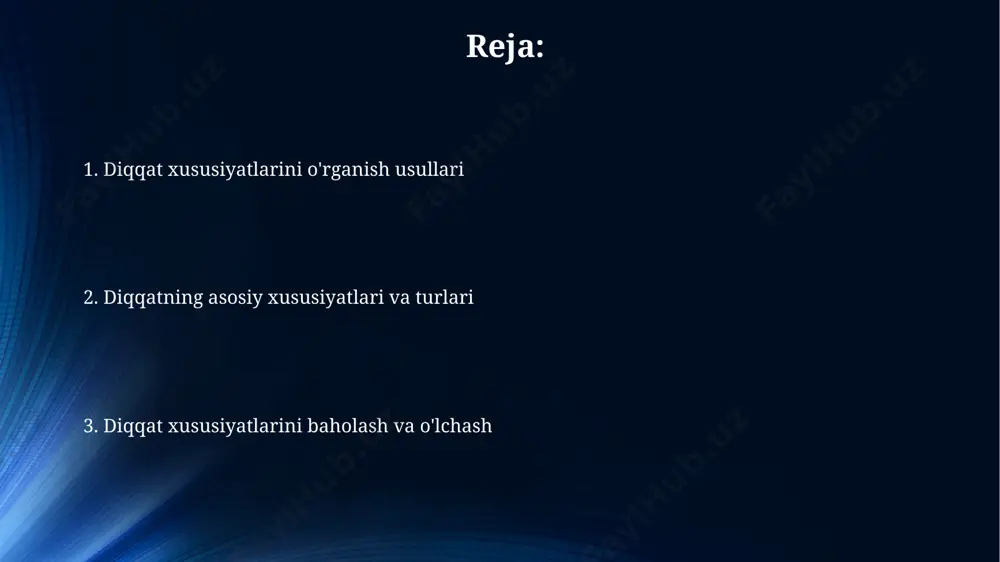 talab qilishi mumkin, bu esa kognitiv yuk bilan bogʻliq. eʼtiborga taʼsir etuvchi omillar yosh omili ham diqqatga sezilarli taʼsir ko'rsatadi; masalan, 65 yoshdan oshgan odamlarda diqqat hajmi va konsentratsiyasi yoshga bog'liq ravishda 15-20% ga pasayishi kuzatiladi. ko'p miqdorda kofein iste'mol qilish (kuniga 400 mg dan ortiq), dastlab diqqatni oshirsa ham, keyinchalik uyqusizlik va diqqatning sustlashuviga olib kelishi mumkin. eʼtiborning rivojlanishi oʻsmirlik davrida (13-18 yosh) diqqatni boshqarish qobiliyati yaxshilanadi, qisqa muddatli xotira hajmi ortadi, va koʻp vazifani bajarish qobiliyati rivojlanadi. 7-12 yosh oraligʻida bolalarda sustlashgan eʼtibor, diqqatni jamlash qiyinchiliklari va giperaktivlik kabi muammolar kuzatilishi mumkin. bu davrda miya rivojlanishi bilan bogʻliq. eʼtibor va idrok selektiv diqqatning samaradorligi, masalan, stroop testida ko'rsatilganidek, 70% ga yaqin bo'lishi mumkin, bu esa atrof-muhit stimullarining ta'sirini boshqarishdagi murakkablikni ko'rsatadi. diqqat hajmi odatda 7 ± 2 birlik atrofida deb baholanadi, bu esa bir vaqtning o'zida qancha ma'lumotni qayta ishlashimiz mumkinligini cheklaydi. e'tiboringiz uchun rahmat @taqdimot_robot image5.jpg image6.jpg …