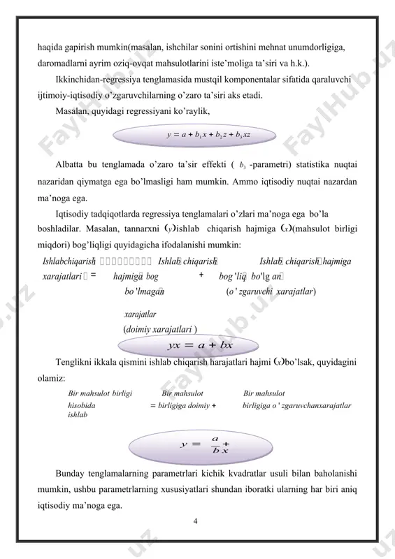 da asosan, ularning sifat tomonlarini tahlil qilishga ko’proq e’tibor beriladi. shuning uchun ekonometrik tadqiqotlar bosqichlariga quyidagilarni kiritish mumkin. · muammoning qo’yilishi; · ma’lumotlar yig’ish, ularni sifatini tahlil qilish; · model xususiyatini aniqlash; · parametrlarni baholash; · echimlarni tushinish, muhokama qilish va amalga joriy etish. bu bosqichlar barcha tadqiqotlar uchun xos bo’lib, qanday ma’lumotlardan foydalanishidan qat’iy nazar va zamonga bog’liq bo’lmagan holda amalga oshiriladi. image2.png image3.png image4.png image5.png image6.png image7.png image8.png image9.png image10.png image1.png