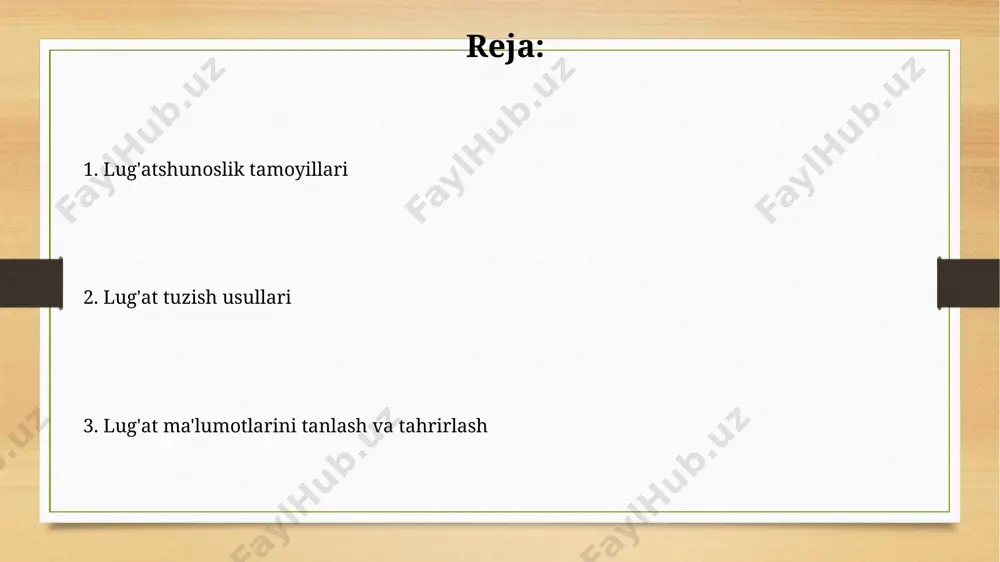 ir temur davridagi qo'lyozmalaridan foydalanish orqali leksik birliklarning etimologiyasi va tarixiy rivojlanishi o'rganiladi. o'quvchilarga 3 ta asosiy maqsadli guruh – maktab o'quvchilari, oliy o'quv yurtlari talabalari va keng omma – uchun mo'ljallangan lug'atlarning tuzilishi va mazmuni farq qiladi; masalan, murakkab terminologiyani qo'llash darajasi farq qiladi. lug'at yozuvining uslubiyati lug'at yozuvida 500 dan ortiq so'zga ega bo'lgan lug'atlar uchun samarqand universiteti olimlari tomonidan ishlab chiqilgan maxsus tahrirlash dasturi qo'llaniladi. lug'at kirish qismining hajmi taxminan 200 so'zni tashkil etadi va u lug'atning tuzilishi, maqsadi va qo'llanilishi bo'yicha 7 ta asosiy bo'limdan iborat bo'lishi kerak. lug'atshunoslik tamoyillari lug'atshunoslikda 5000 dan ortiq so'zli lug'atlar yaratishda, samarqanddagi o'zbekiston milliy ensiklopediyasi nashriyoti tomonidan qo'llaniladigan maxsus tahririy tamoyillar muhim rol o'ynaydi. o'zbek tilining fonetik xususiyatlarini hisobga olgan holda, lug'atlarni tuzishda 20 dan ortiq fonetik transkripsiya tizimlaridan biri qo'llanilishi mumkin, bu esa toshkentdagi universitetlarda o'qitiladi. e'tiboringiz uchun rahmat @taqdimot_robot image7.jpg image8.jpg image9.jpg image10.jpg image11.jpg image12.jpg image13.jpg image3.png image4.png