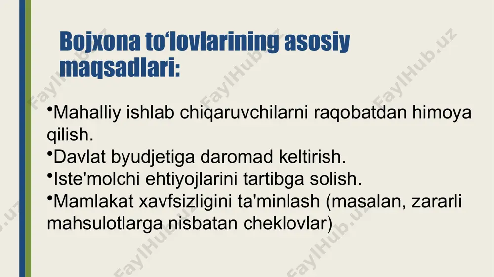 k zarar keltiruvchi faoliyatni kamaytirishga va atrof-muhitni himoya qilishga qaratilgan soliq turidir. bunday soliqlar asosan atrof-muhitga salbiy ta'sir ko'rsatadigan faoliyatlarni tartibga solish uchun joriy etiladi. bu soliqlar orqali davlatlar sanoat faoliyatlaridan yoki iste'moldan kelib chiqadigan ekologik zararlarni kamaytirishga, resurslarni tejashga va barqaror rivojlanishni ta'minlashga harakat qilishadi. ekologik soliqning asosiy turlari: yoqilg'i va energiya soliqlari: bu soliqlar, asosan, uglerod chiqindilarini kamaytirishga qaratilgan. masalan, avtomobillardan yoki sanoatdan chiqadigan ifloslantiruvchi moddalar (uglerod dioksidi, azot oksidi va boshqalar) uchun soliqlar qo'llaniladi. bu orqali odamlarni yoki korxonalarning toza energiya manbalaridan foydalanishga undash mumkin. ifloslantiruvchi moddalar uchun soliqlar: havo, suv va yerga chiqadigan zararli moddalar uchun soliq solinadi. masalan, kimyoviy chiqindilar, sanoat chiqindilari, plastik chiqindilar va boshqa ifloslantiruvchi moddalar uchun ekologik soliq joriy qilinishi mumkin. 3.chiqindilarni yo'q qilish soliqlari: odamlar yoki kompaniyalar chiqindilarni to'g'ri qayta ishlash yoki yo'q qilish uchun mas'ul bo'lishlari kerak. shu maqsadda chiqindilarni yo'q qilish yoki qayta ishlash jarayonlari uchun soliq solinadi. 4.tabiiy …