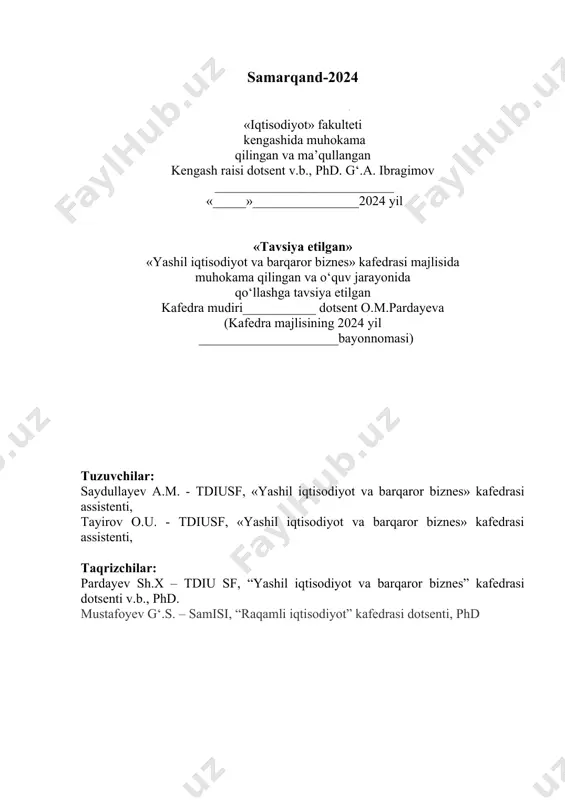 … 11 6. malakaviy amaliyot natijalarini yakunlash va hisobotni himoya qilish….. 11 7. malakaviy amaliyot bo‘yicha hisobotni baholash tartibi va mezonlari…… 12 8. malakaviy amaliyoti bo‘yicha hisobotning tarkibiy qismlari ……………. 13 8.1. malakaviy amaliyot hisoboti tuzilishi ……………………………………. 13 8.2. amaliyot hisobotini tayyorlashga qo‘yiladigan talablar …………………. 14 8.3. malakaviy amaliyot hisobotining mazmuni ……………………………… 15 9. ilovalar ……………………………………………………………………. 16 kirish o‘zbekiston iqtisodiyotini innovatsion rivojlantirish sharoitida qayta ishlab chiqarish va sanoatda chuqur tarkibiy o‘zgarishlarni amalga oshirish, raqobatdosh mahsulotlar ishlab chiqarish, ular uchun yangi xalqaro bozorlar topish va eksportni ko‘paytirish, tovarlarni reklama qilish, bozorda marketing tadqiqotlarini amalga oshirish, korxonada marketingni boshqarish, tranzit salohiyatidan foydalanish, sanoat tarmoqlarini uzluksiz xomashyo bilan ta’minlash, hududlarni mutonosib rivojlantirish kabilar o‘zbekiston respublikasi prezidenti shavkat mirziyoyevning 2022 yil 29 dekabrdagi oliy majlisga murojaatnomasida ustuvor vazifalar qilib belgilab berildi. umuman, keyingi yillarda yurtimizda iqtisodiyotning barcha tarmoq va sohalarida bozor iqtisodiyoti tartib-qoidalarini tizimli ravishda joriy etish borasida amaldagi qonunlar yangi tahrirda qabul qilinmoqda. …