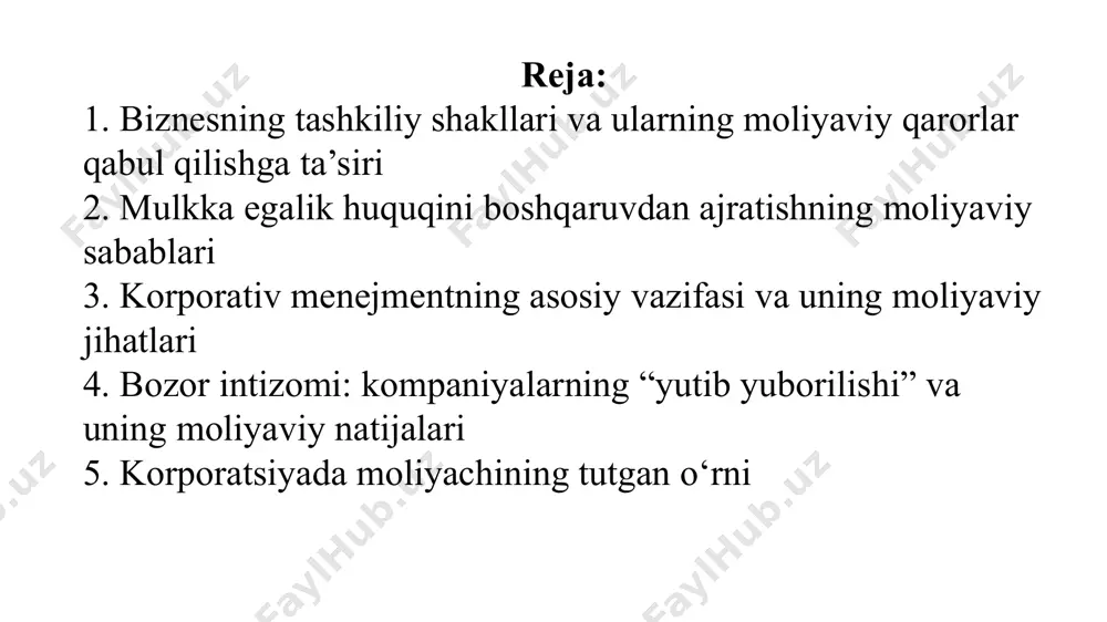 rlikka ega bo‘ladilar. ammo, sheriklarning majburiyatlarini ma’lum darajada cheklash ham mumkin. u holda bunday sheriklar mas’uliyati cheklangan sheriklar, yoki kommanditlar deb ataladilar (limited partners). biroq bunda, sheriklarning hech bo‘lmasa bittasi firmaning qarzlari bo‘yicha cheklanmagan javobgarlikka ega bo‘ladi va u asosiy (bosh) sherik deb ataladi. odatda, kommandit-sheriklar shirkat faoliyatiga taalluqli kundalik qarorlarni qabul qilishda ishtirok etmaydilar. bu asosiy (bosh) sherikning vakolatiga kiradi. xususiy korxona yoki shirkatdan farqli o‘laroq, korporatsiya (corporation) – bu mustaqil yuridik shaxs bo‘lib, u o‘z egalaridan alohida faoliyat yuritadi. korporatsiya mulkka egalik qilish, qarz olish va shartnomalar tuzish huquqiga ega. ular sudga berishlari va ularni ham sudga berish mumkin. bundan tashqari, korporatsiyalarni va biznes yuritishning ikkita boshqa shaklini soliqqa tortishda ham farq bor. korporatsiya ustav hujjatlari asosida boshqariladi. aksiyadorlar korporatsiya daromadidan amalga oshiriladigan har qanday to‘lovlarda o‘z aksiyalari soniga proporsional ravishda ulushga ega bo‘lish (masalan, dividendlar ko‘rinishida) huquqiga egadirlar. aksiyadorlar direktorlar kengashini saylaydi va ular, o‘z navbatida, korporatsiya …